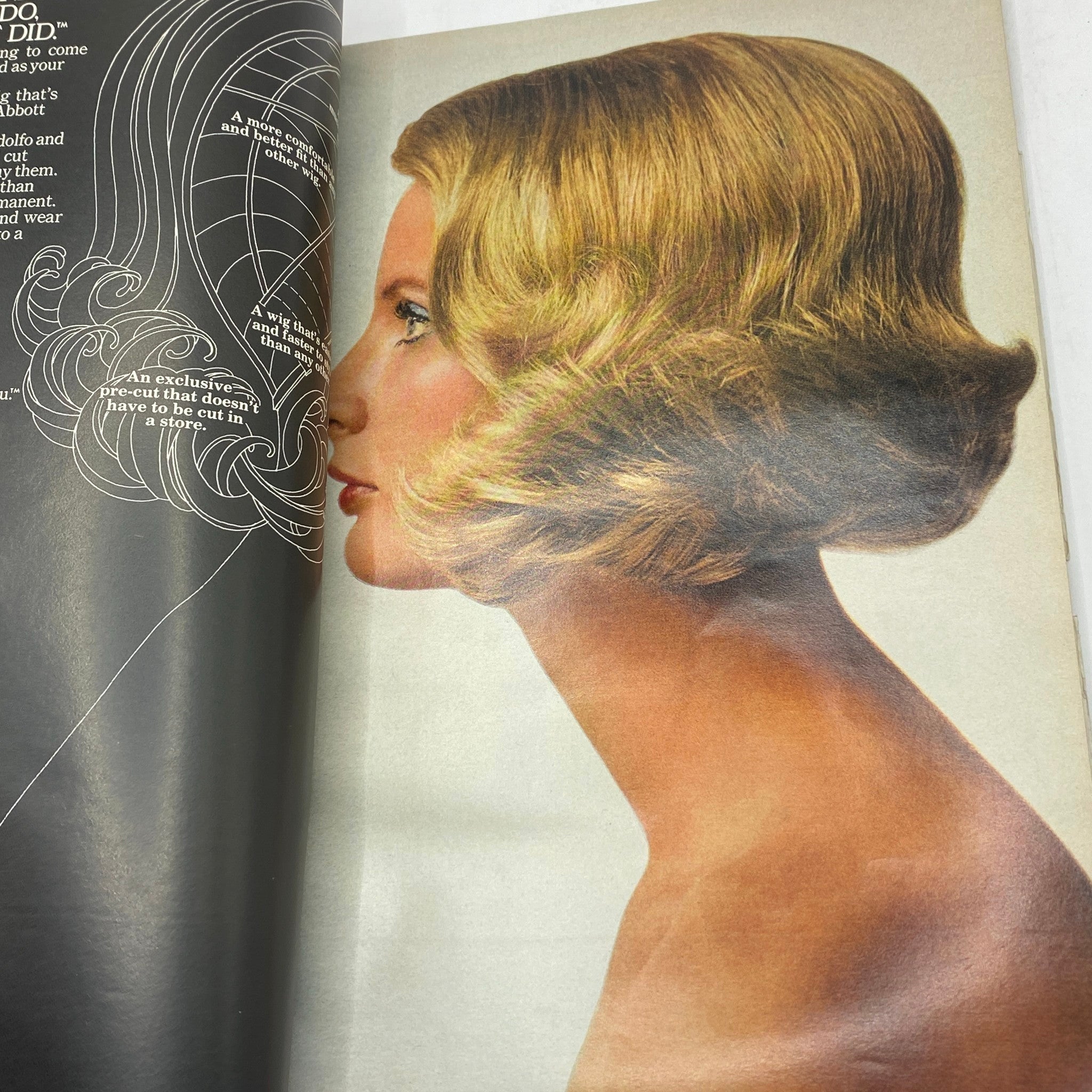 Side profile of a model showcasing a chic hairstyle in VTG Vogue Magazine December 1970, illustrating 1970s hair fashion trends.