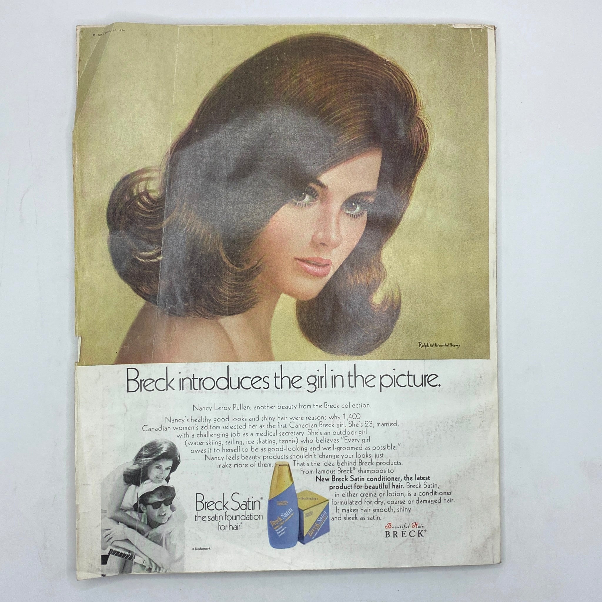 Vintage advertisement for Breck hair products featuring a model from VTG Vogue Magazine December 1970, highlighting beauty standards of the era.