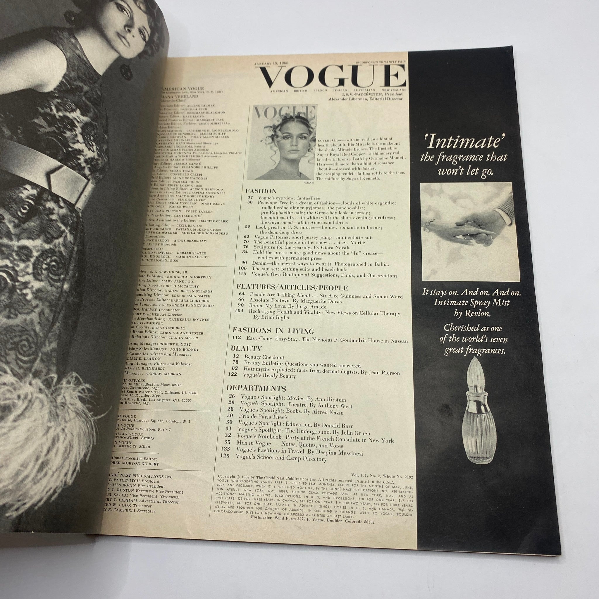 Interior page of VTG Vogue Magazine January 15 1968 showcasing the table of contents with fashion articles and features, highlighting the influence of Lauren Hutton.