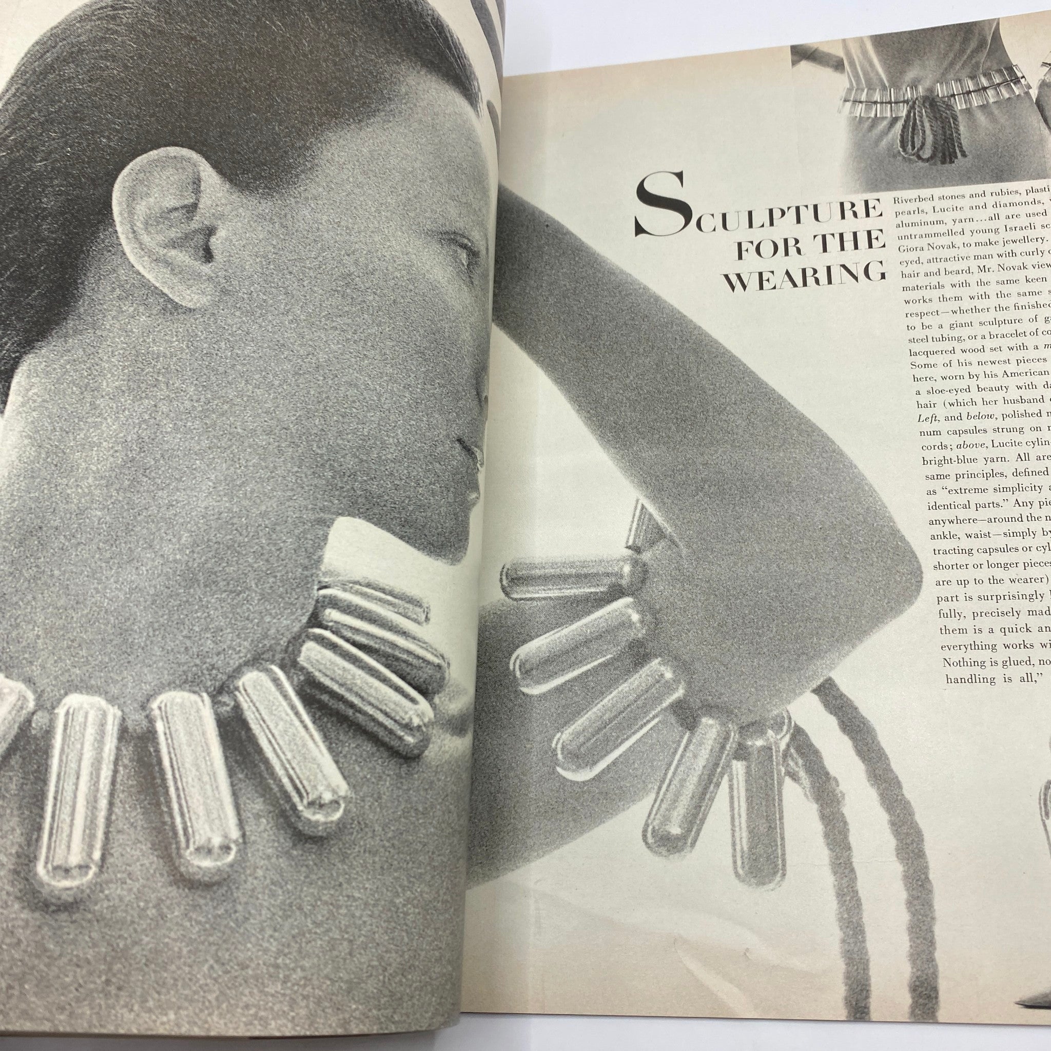 Editorial spread from VTG Vogue Magazine January 15 1968 featuring a model adorned with unique jewelry, titled 'Sculpture for the Wearing'.