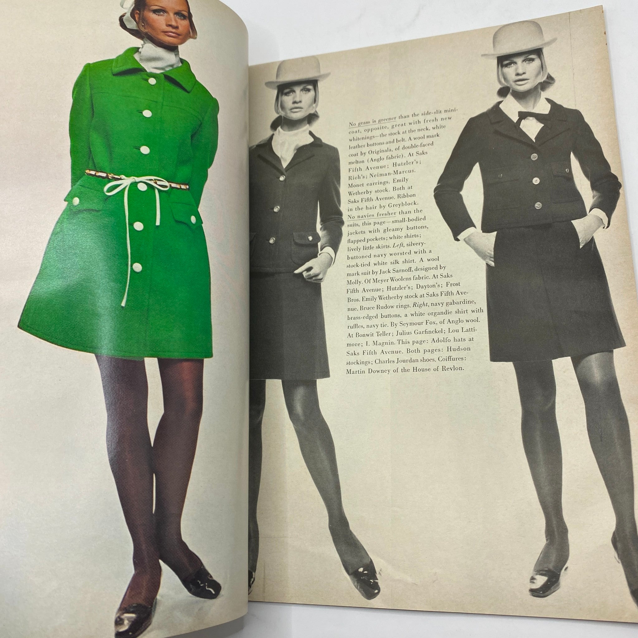 Fashion layout from VTG Vogue Magazine January 15 1968 highlighting stylish green and black outfits worn by models, embodying 1960s fashion trends.