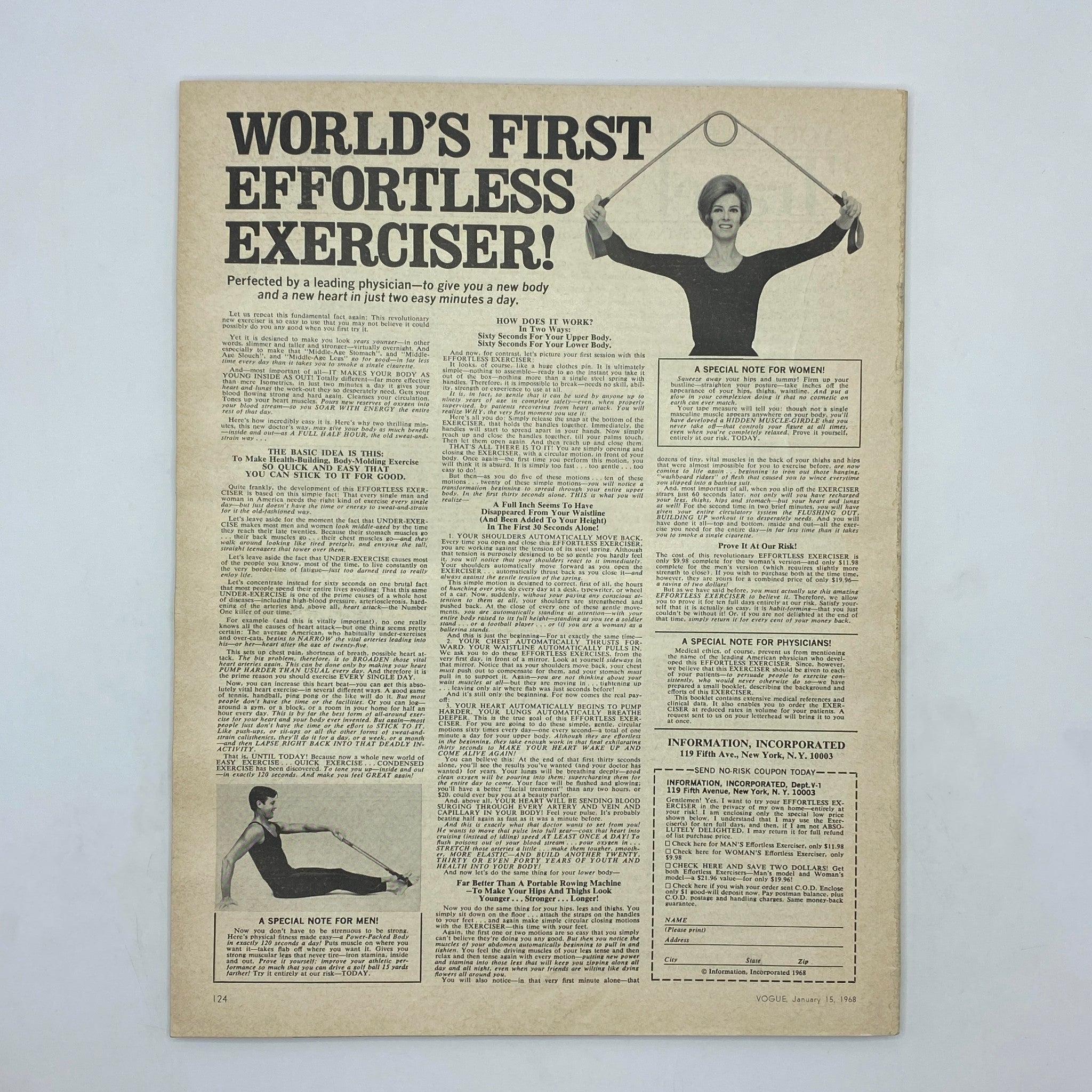 Vintage Vogue Magazine January 15 1968 page featuring an advertisement for the world's first effortless exerciser, showcasing a female model demonstrating the product. Perfect for fashion history collectors.