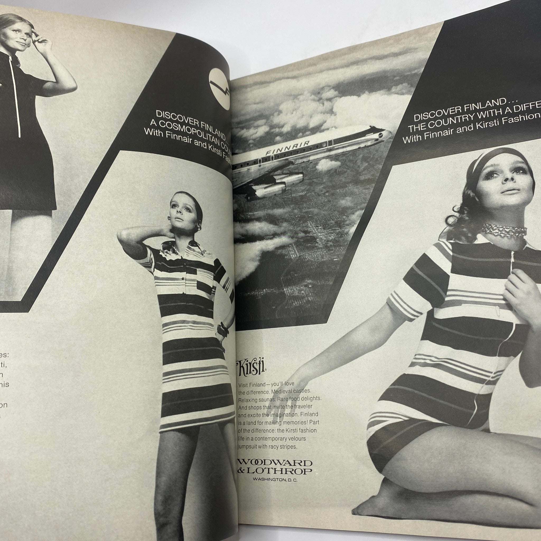 Fashion advertisement from VTG Vogue Magazine April 15 1970 showcasing models wearing chic outfits while promoting travel to Finland.