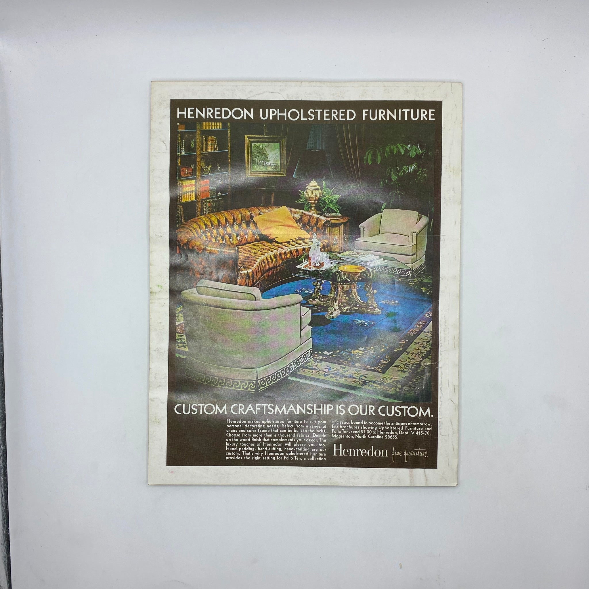 Vintage advertisement for Henredon Upholstered Furniture, showcasing a stylish living room setting with elegant furniture and decor. Part of the VTG Vogue Magazine April 15 1970 issue featuring Susanne Schönborn on the cover.