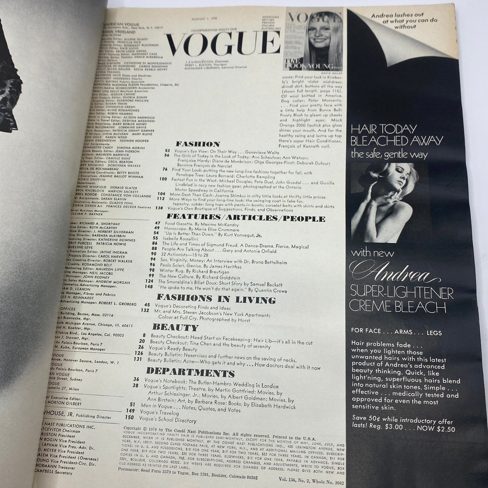 Inside page of VTG Vogue Magazine August 1 1970 displaying the contents and articles including features on fashion and beauty.