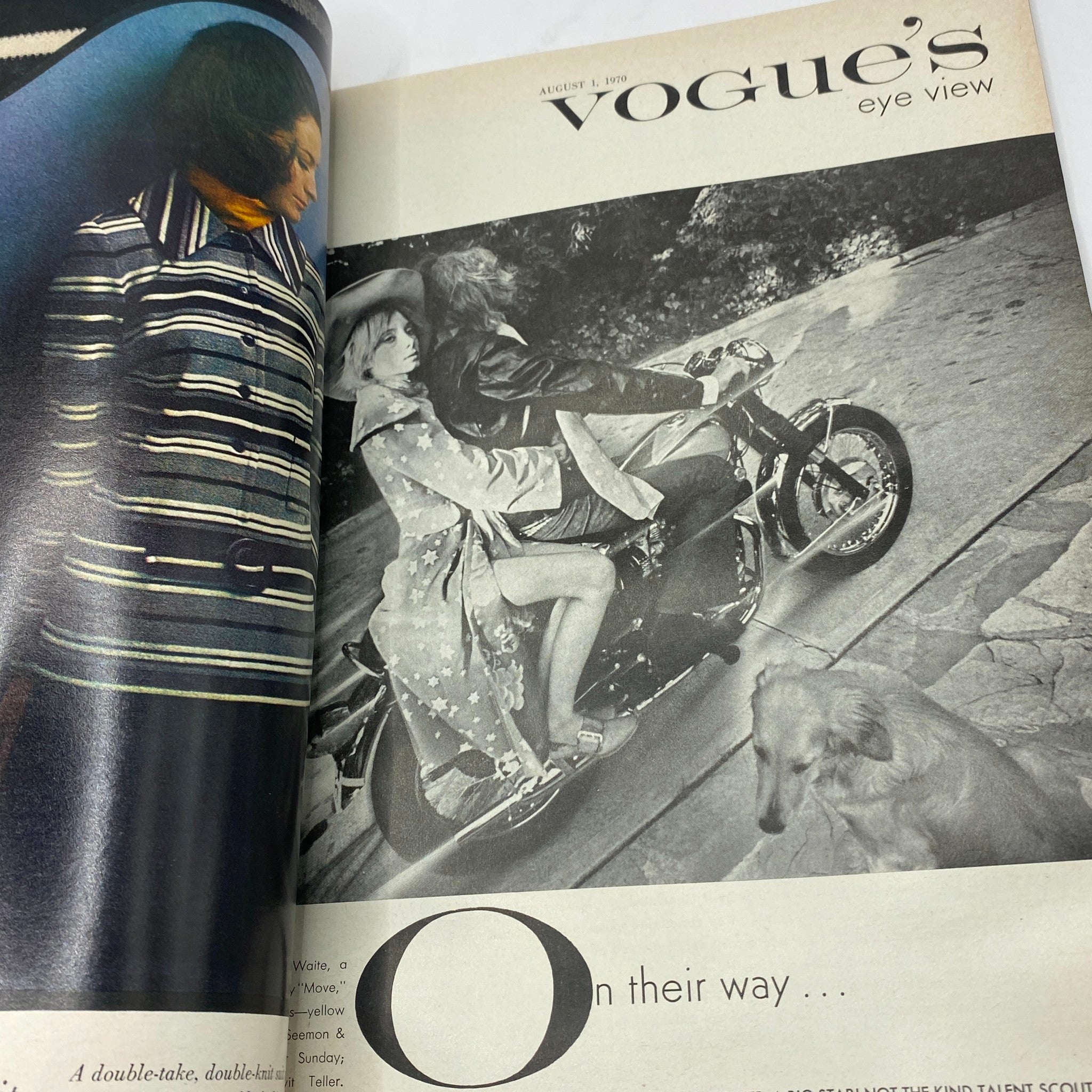 VTG Vogue Magazine August 1 1970 featuring a styled model in retro fashion alongside a couple on a motorcycle, showcasing the essence of 70s trends.