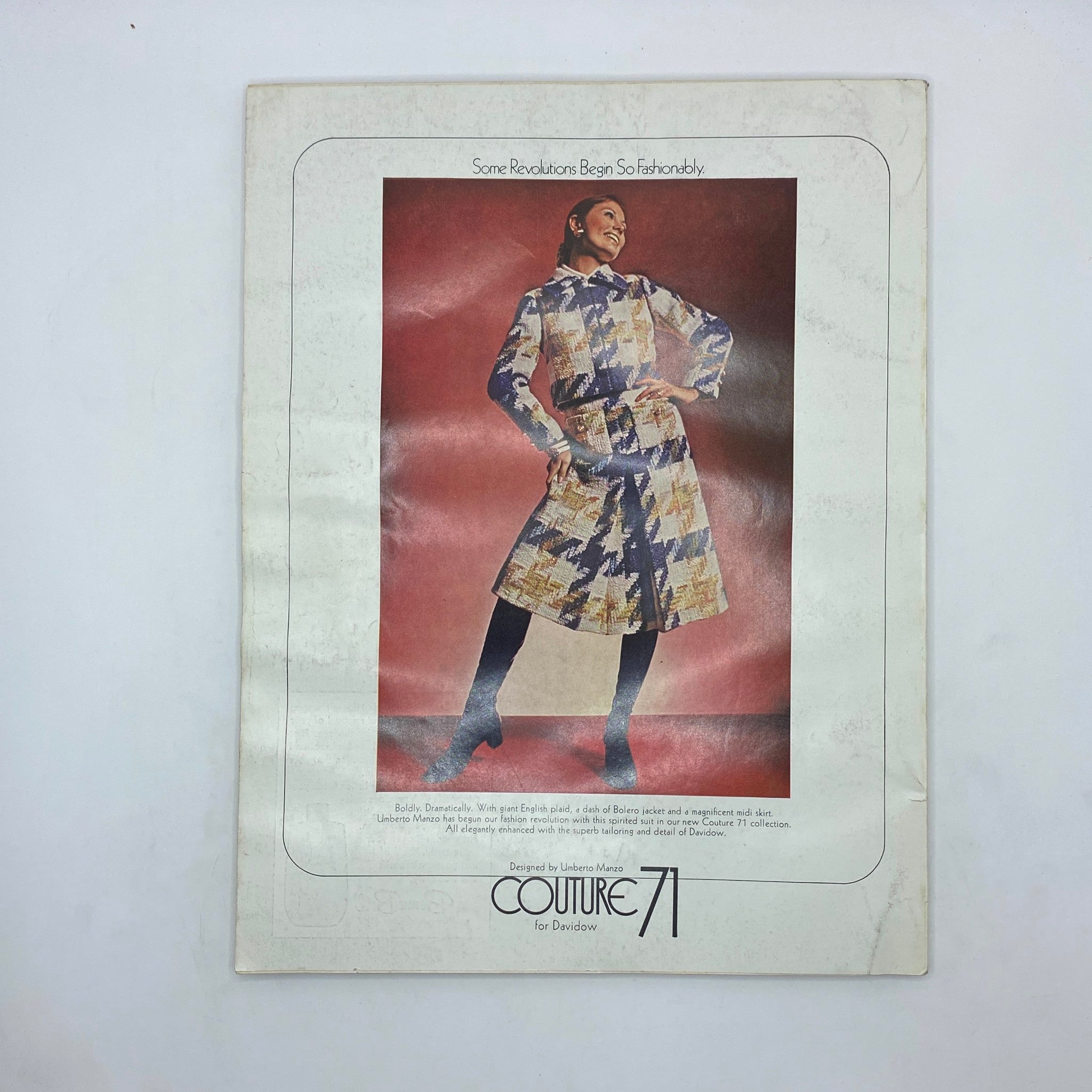 VTG Vogue Magazine August 1 1970 featuring a model in a bold patterned outfit, emphasizing vintage fashion design and the couture style of the era.