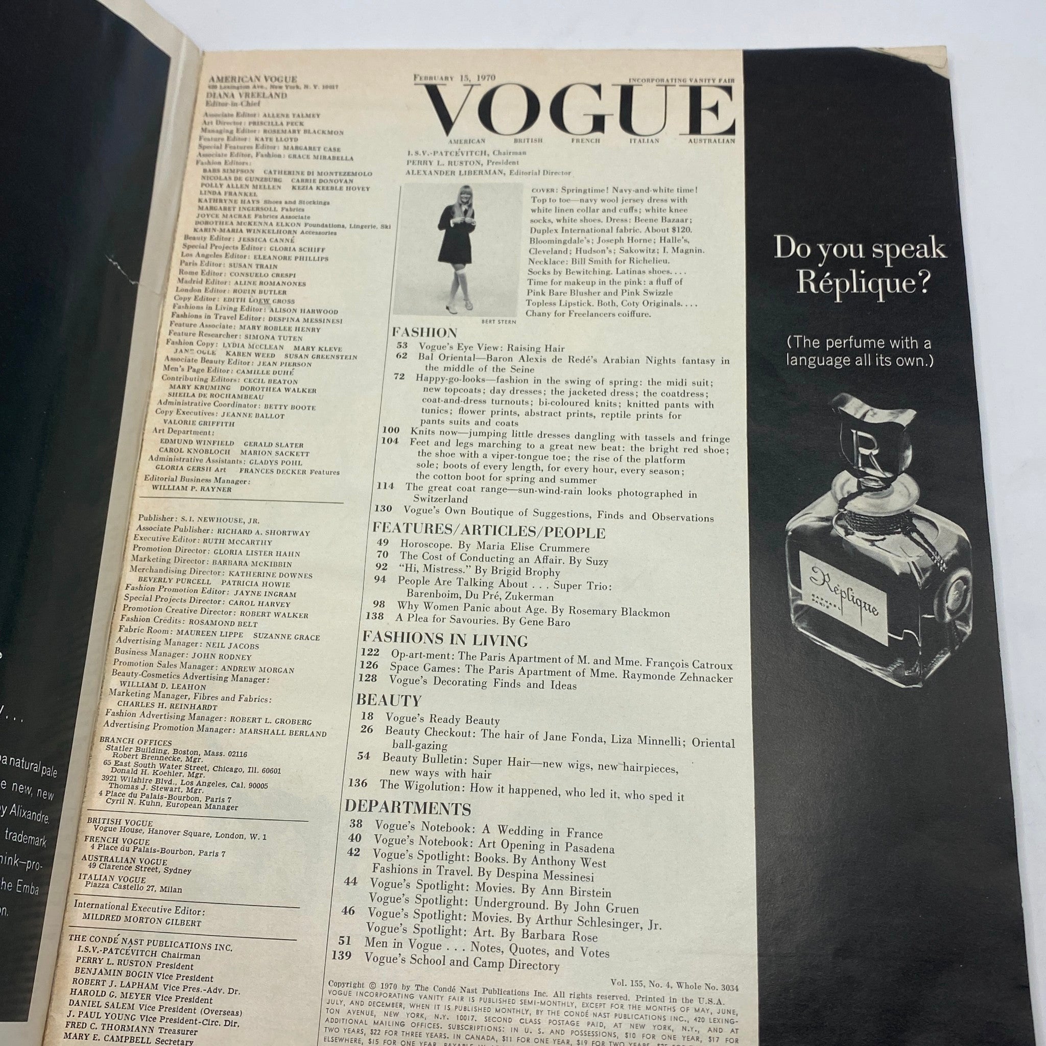 Inside page of VTG Vogue Magazine February 15 1970 displaying the table of contents with an elegant layout and classic fonts.