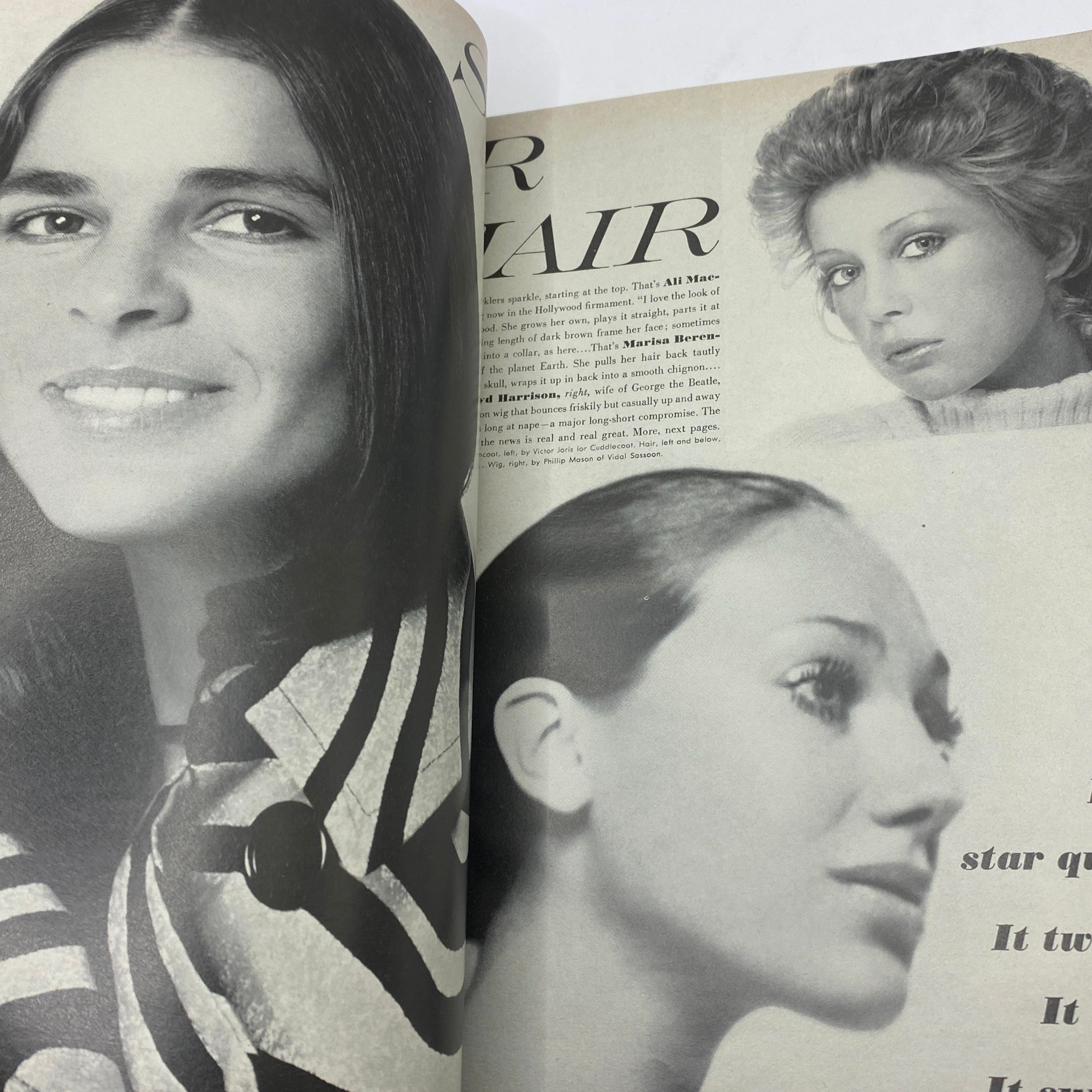 Interior spread of VTG Vogue Magazine February 15 1970 featuring black and white photography highlighting hair fashion trends.