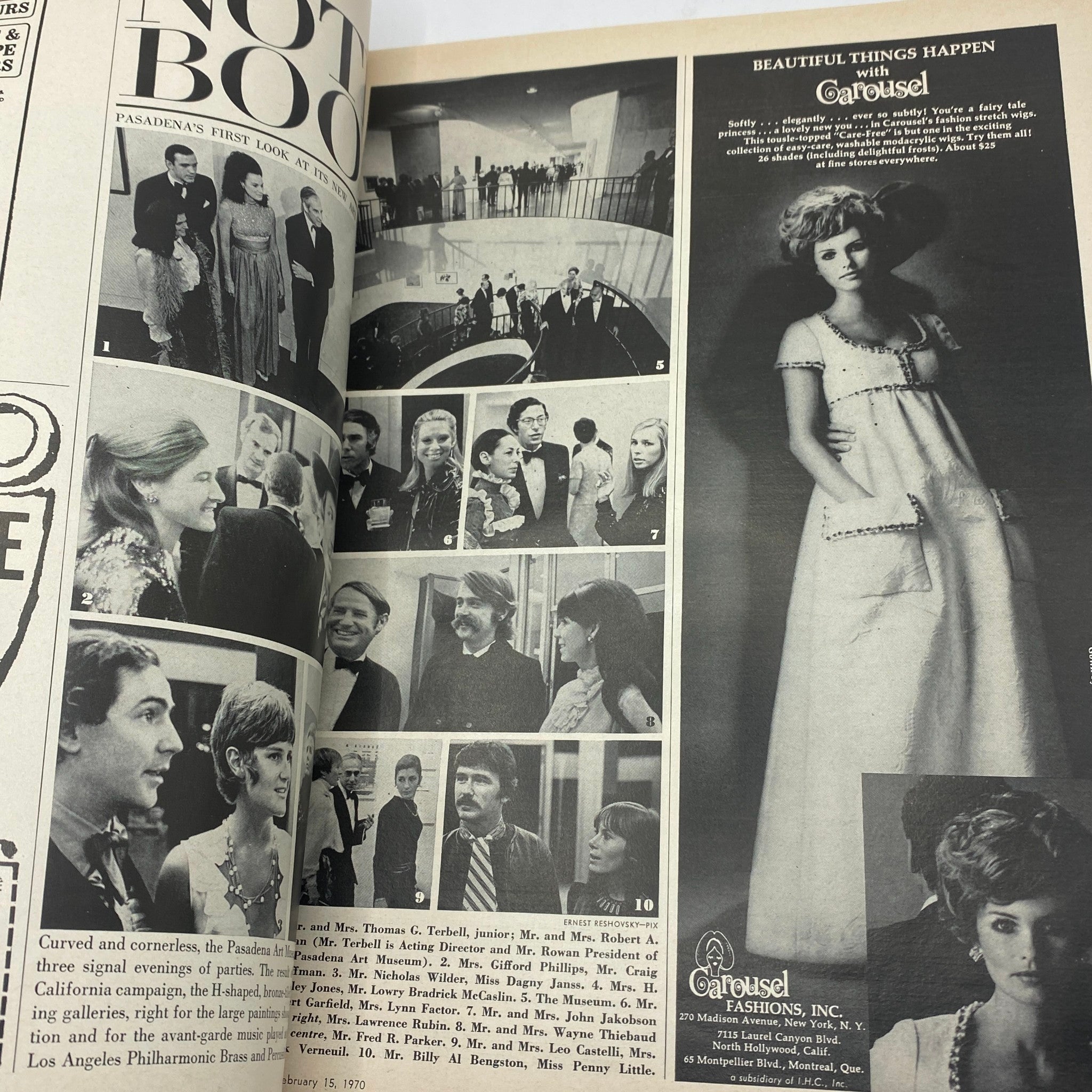 Another interior spread from VTG Vogue Magazine February 15 1970, showcasing social events in classic photography and fashion advertising.