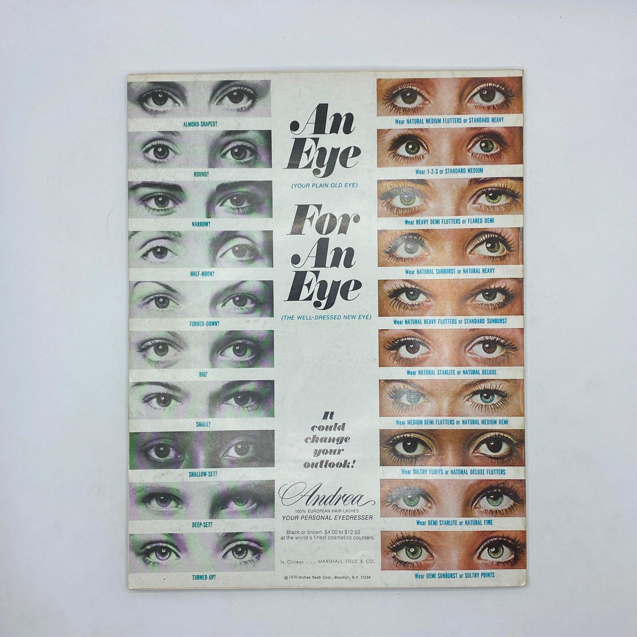 An illustration from VTG Vogue Magazine February 15 1970 showing various eye shapes with makeup tips. The page reads 'An Eye For An Eye (the well-dressed new eye)', featuring options like 'Wear Natural Medium Flutters' and 'Wear Heavy Demi Flutters', showcasing beauty advice of the 1970s era.