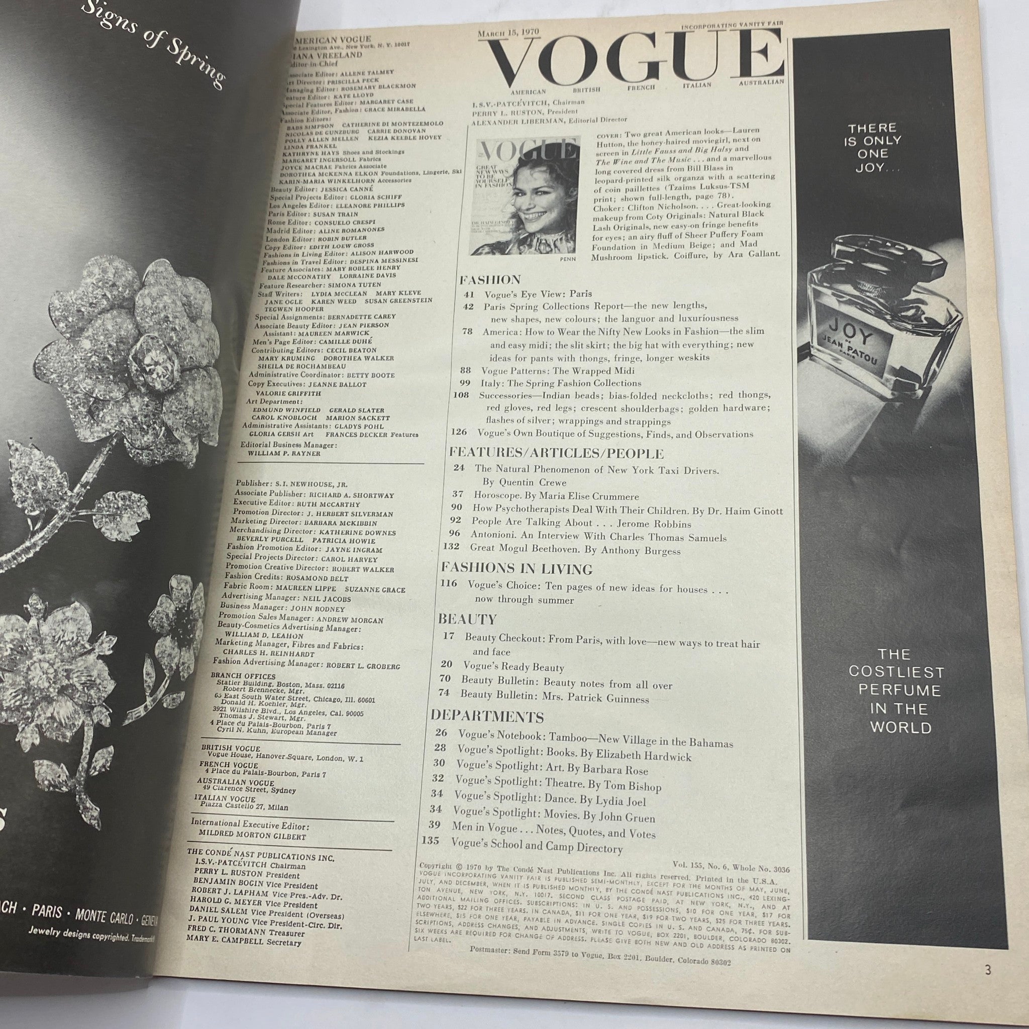 Inside page of Vogue Magazine March 15, 1970 displaying the table of contents and featured articles alongside promotional content.