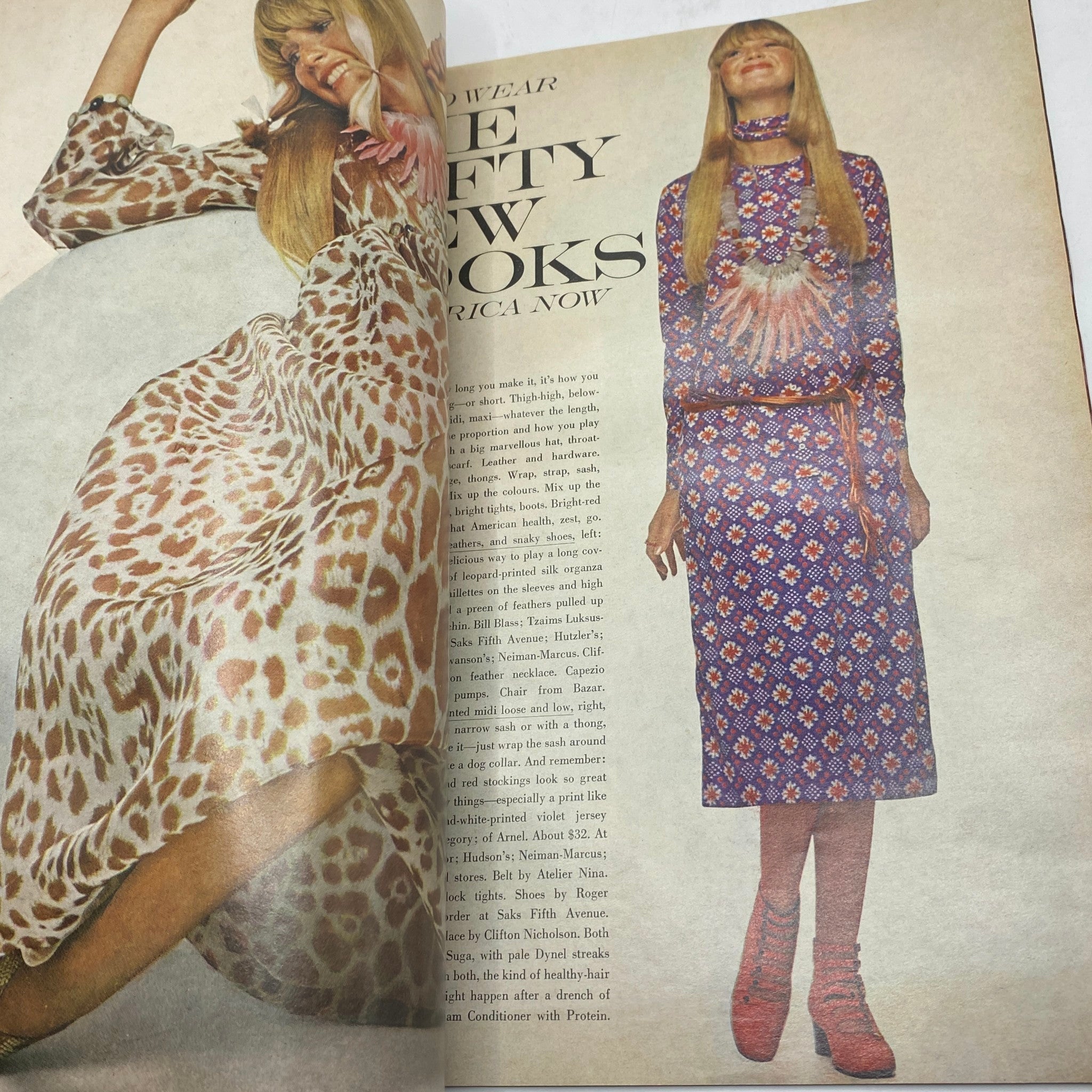 Fashion spread from Vogue Magazine March 15, 1970 highlighting vibrant clothing styles and accessories for the 1970s.