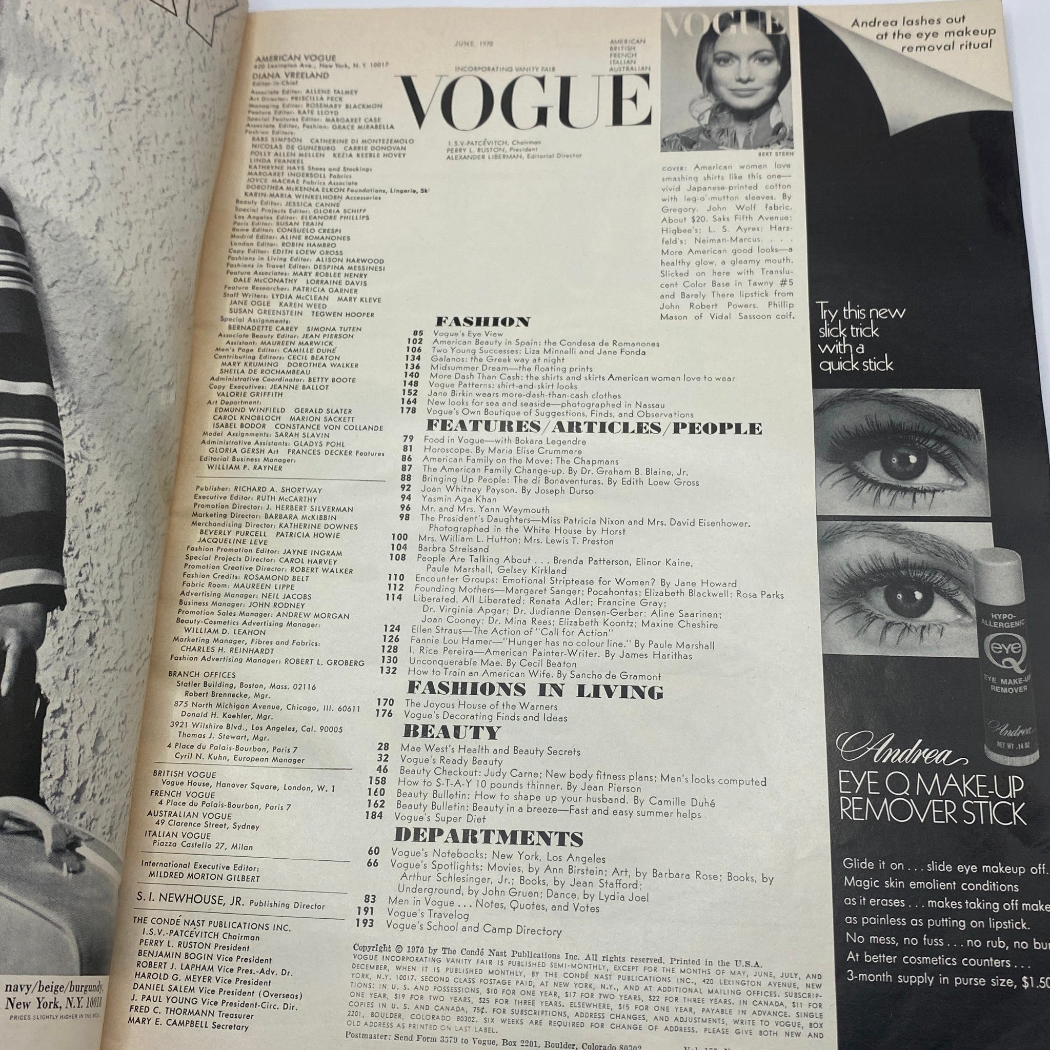 Table of contents page from VTG Vogue Magazine June 1970, listing featured articles, fashion highlights, and contributions from notable photographers and writers.