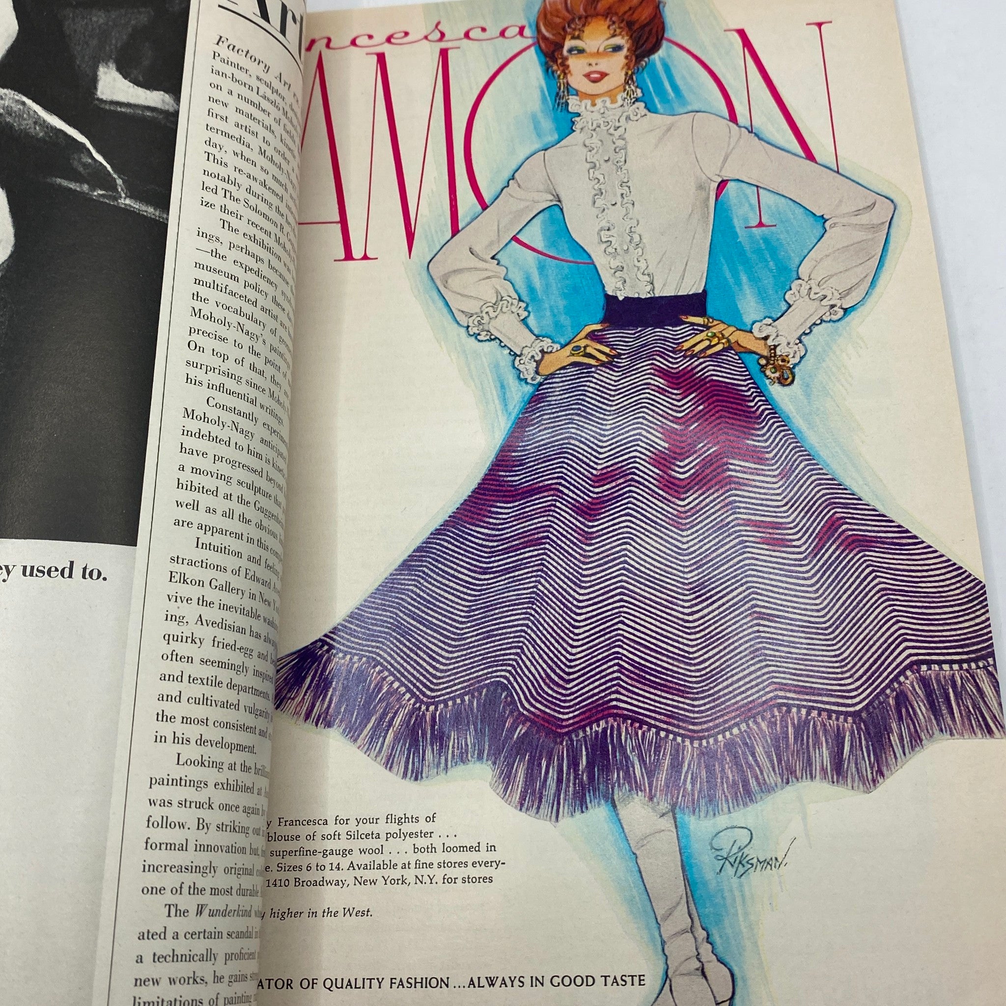 Illustration from VTG Vogue Magazine June 1970 showcasing a fashionable model in an elegant outfit, highlighting the artistic flair of fashion design in the 1970s.