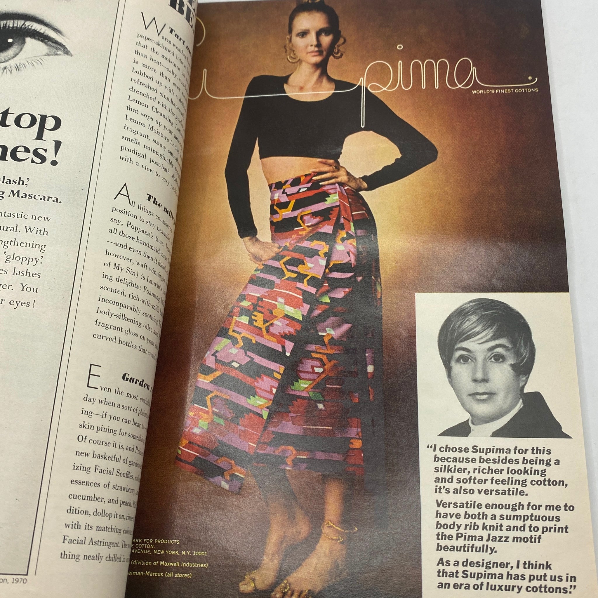 VTG Vogue Magazine June 1970 cover featuring iconic model Karen Graham styled in vibrant patterned skirt and black crop top, photographed by Bert Stern.