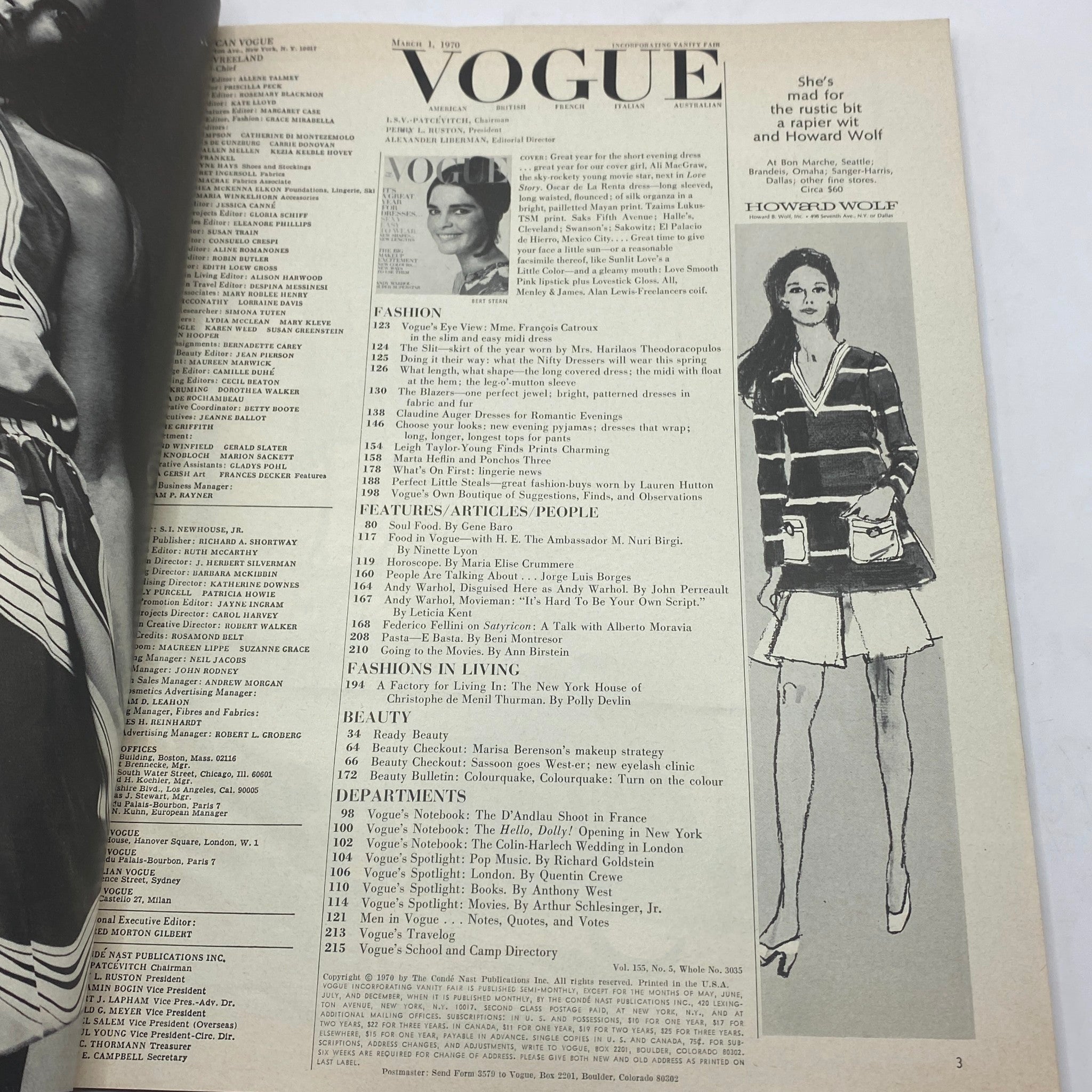 Inside of the VTG Vogue Magazine March 1 1970 featuring table of contents and articles, with a vintage design aesthetic. Includes features on fashion and beauty from the iconic 1970s era.