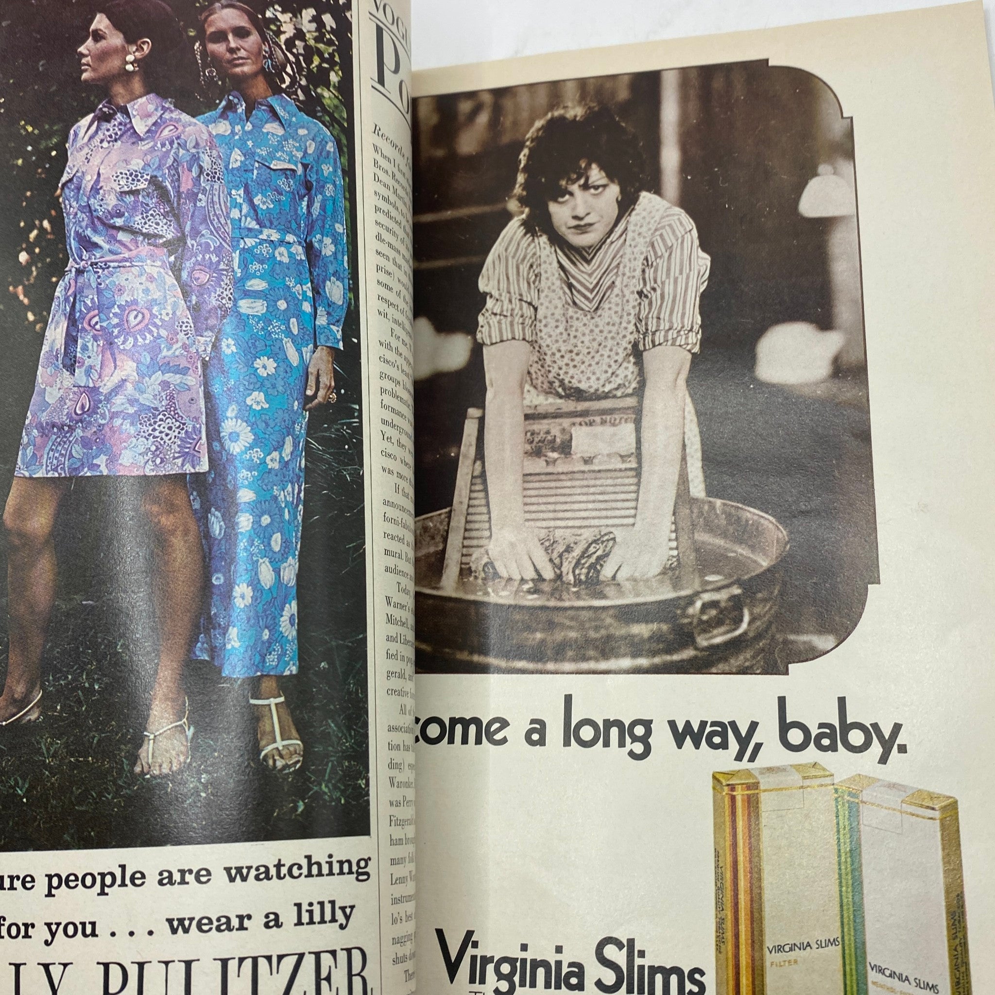 Inside page of VTG Vogue Magazine March 1 1970 featuring colorful floral fashion by Lilly Pulitzer worn by two women, and a vintage advertisement for Virginia Slims with a woman doing laundry.