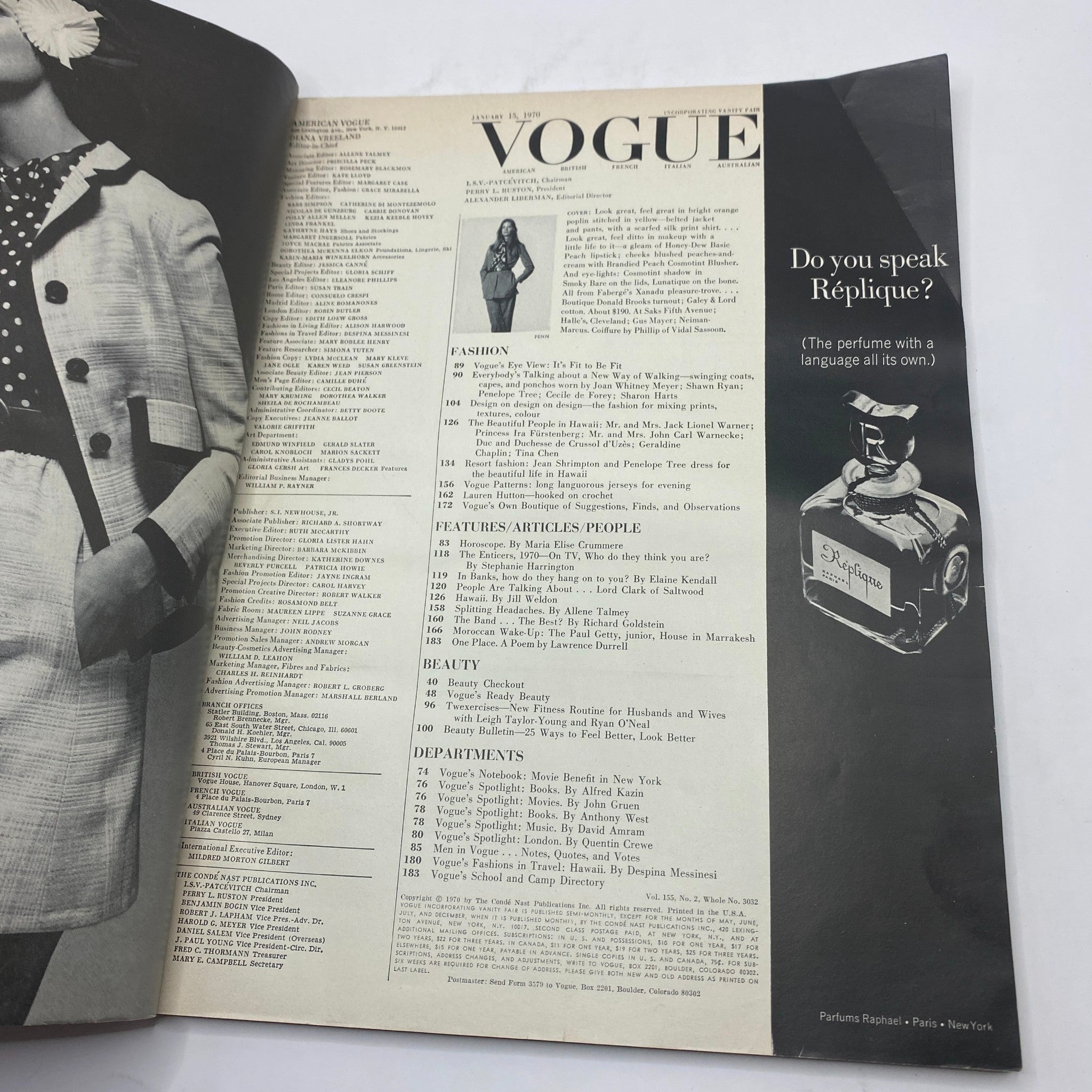 Inside page of VTG Vogue Magazine January 15, 1970 displaying the table of contents, highlighting fashion articles and advertisements.