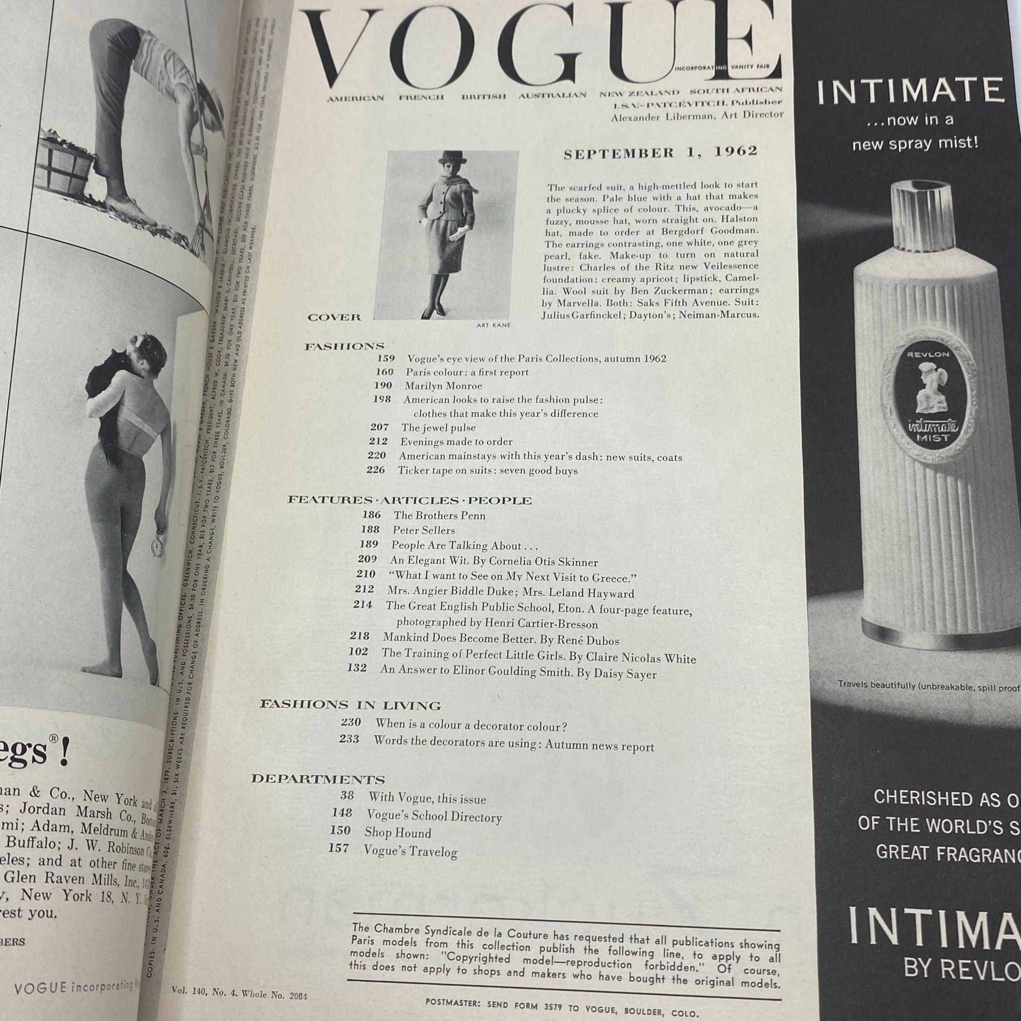 VTG Vogue Magazine September 1 1962 featuring Kecia Nyman by Art Kane, showcasing the contents and features of the issue.