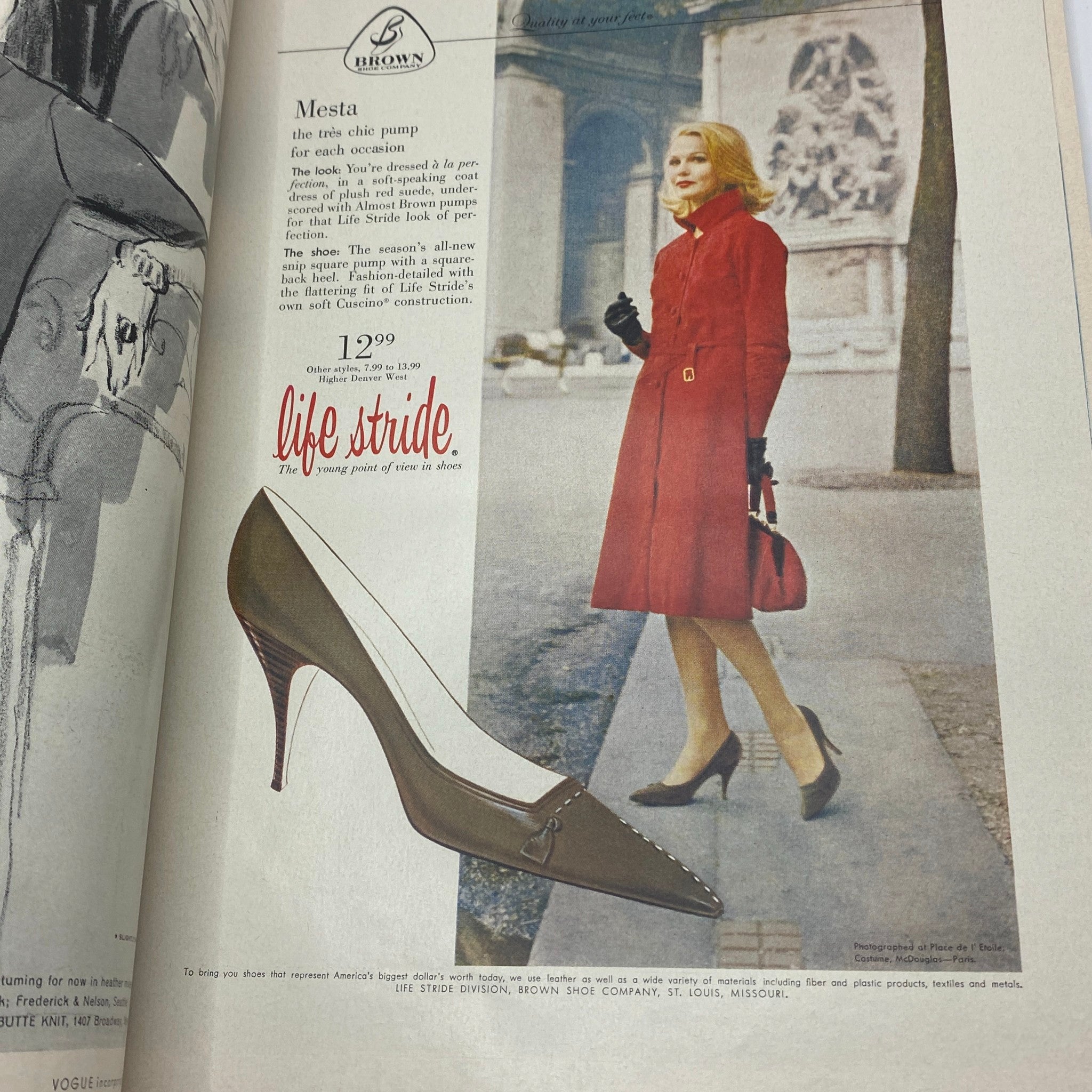 Advertisement page from VTG Vogue Magazine September 1 1962, featuring a model in a red coat promoting stylish footwear.