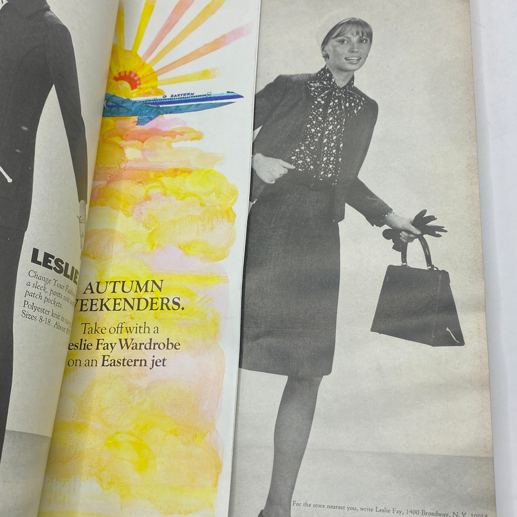 Leslie Fay advertisement from VTG Vogue Magazine September 1 1970 featuring autumn fashions and a model with a handbag.