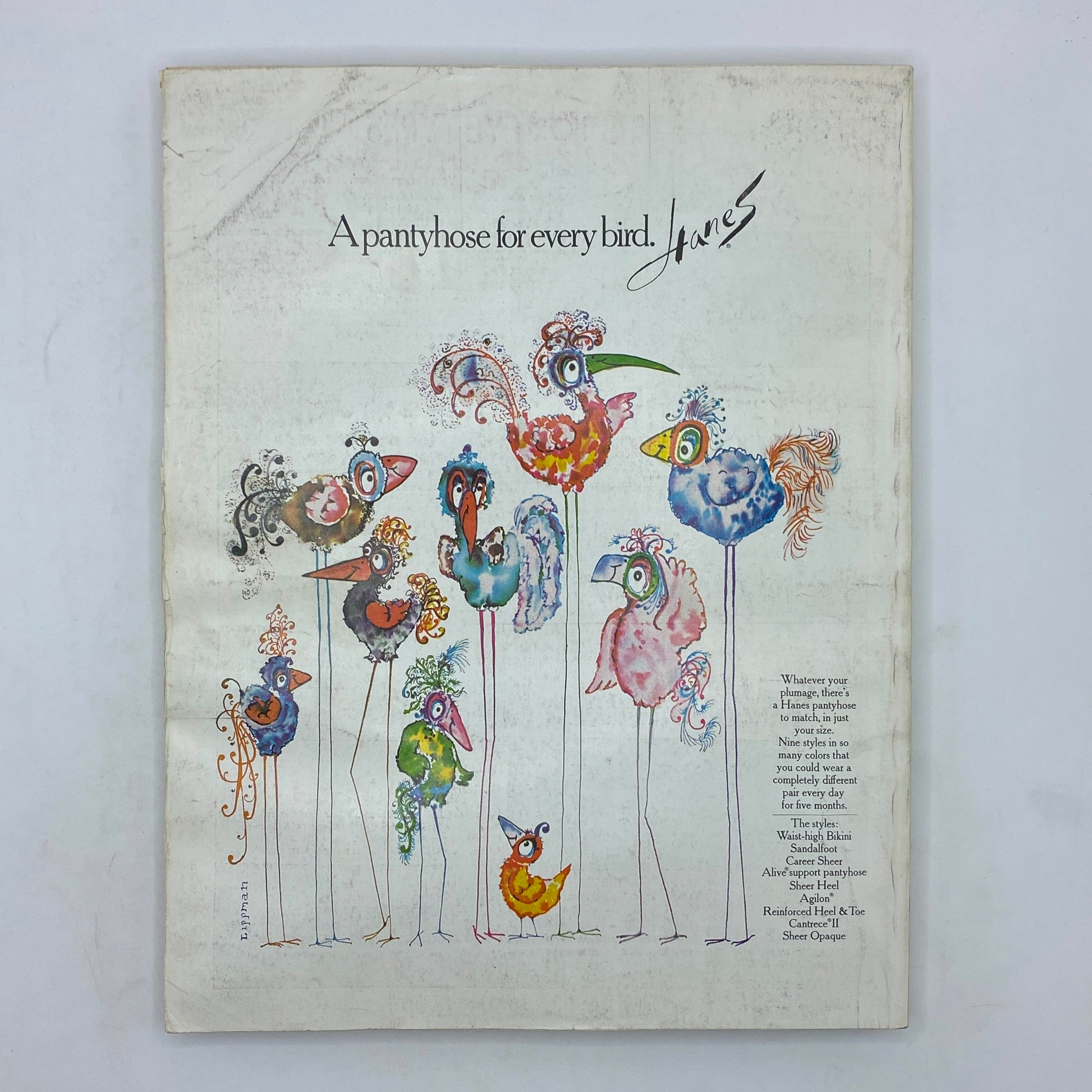 Colorful advertisement in VTG Vogue Magazine September 1 1970 for Hanes pantyhose, illustrated with whimsical bird designs.