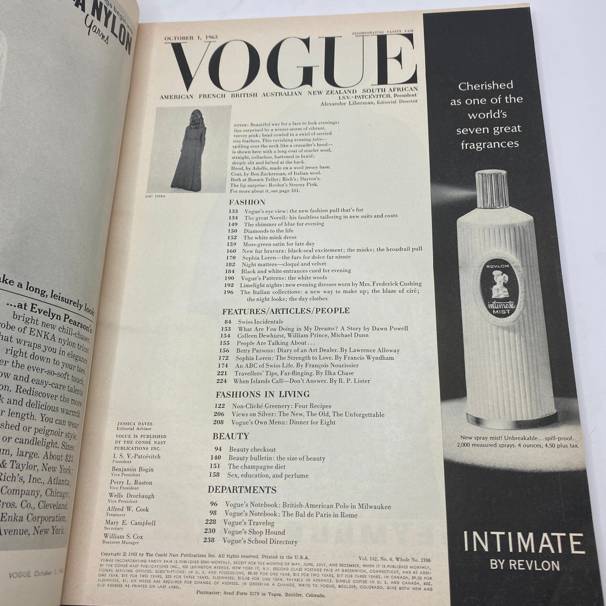 Inside view of VTG Vogue Magazine October 1, 1963 showcasing the table of contents and features, including fashion articles and beauty excerpts.