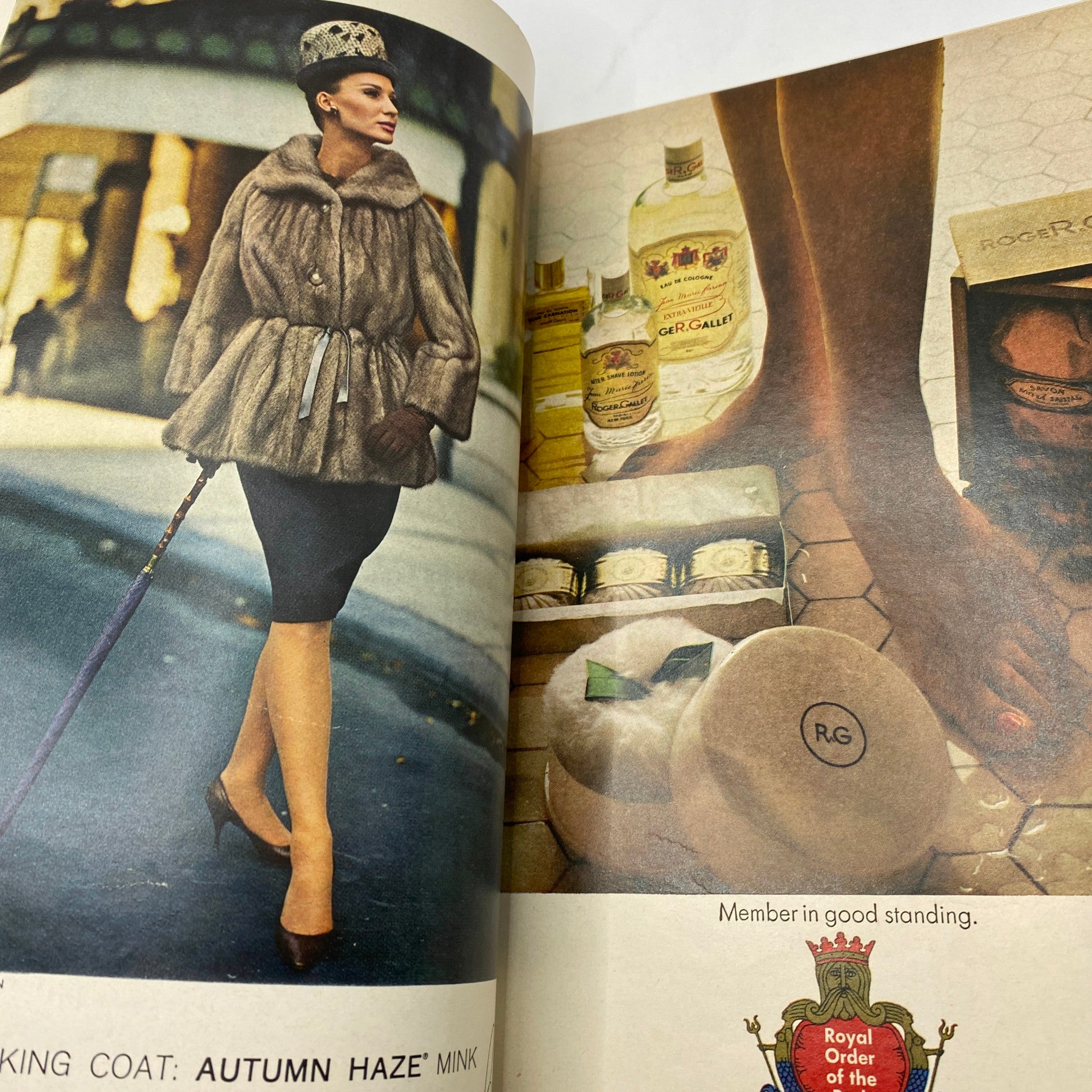 Vintage fashion spread from VTG Vogue Magazine October 1, 1963 featuring a model in a luxurious mink coat, embodying the glamour of the 1960s.