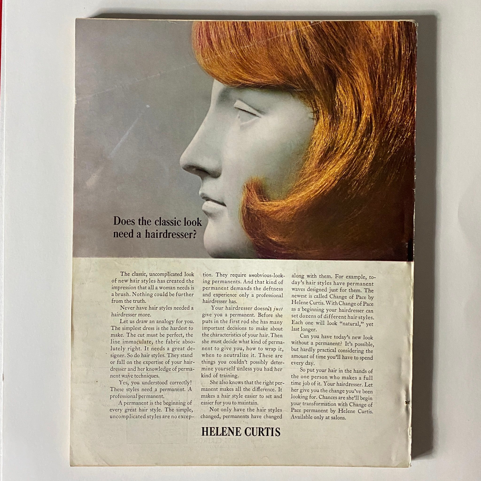 Back cover of VTG Vogue Magazine October 1 1963 featuring a classic hairstyle advertisement by Helene Curtis discussing hair care and styling.
