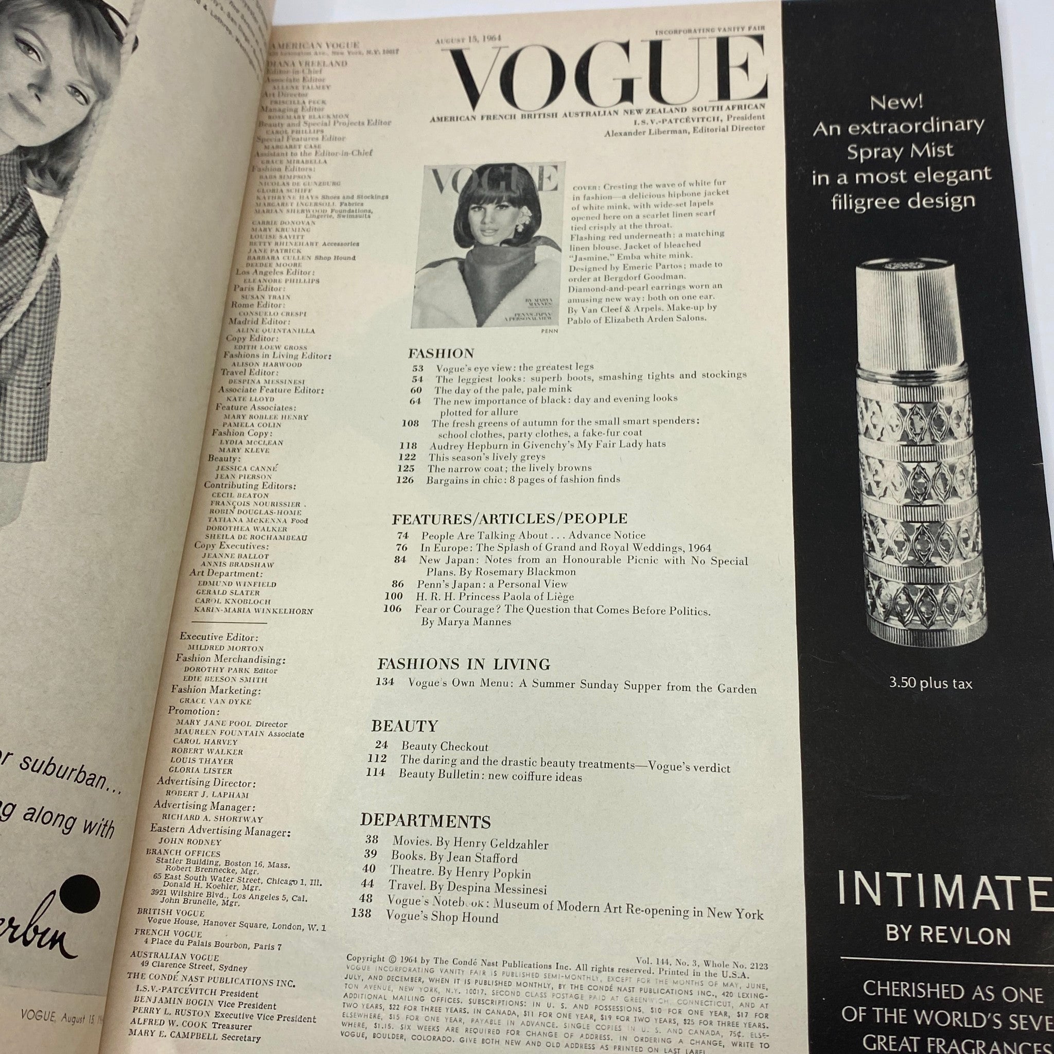 Interior page of VTG Vogue Magazine August 15 1964 Brigitte Bauer by Irving Penn featuring the table of contents and article summary.