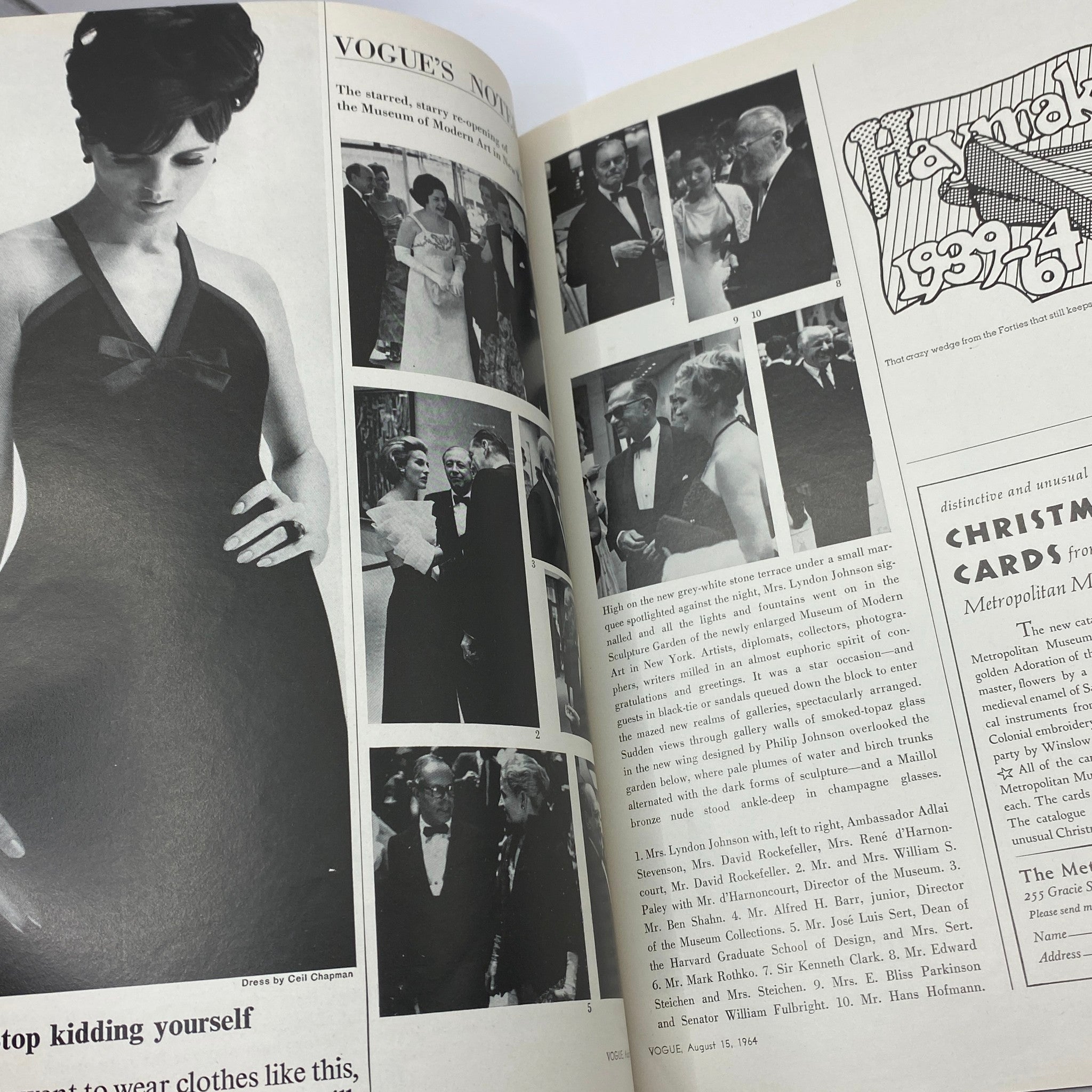 Social event coverage in VTG Vogue Magazine August 15 1964 showing stylish attire at a gala, highlighting elegance and fashion trends of the era.