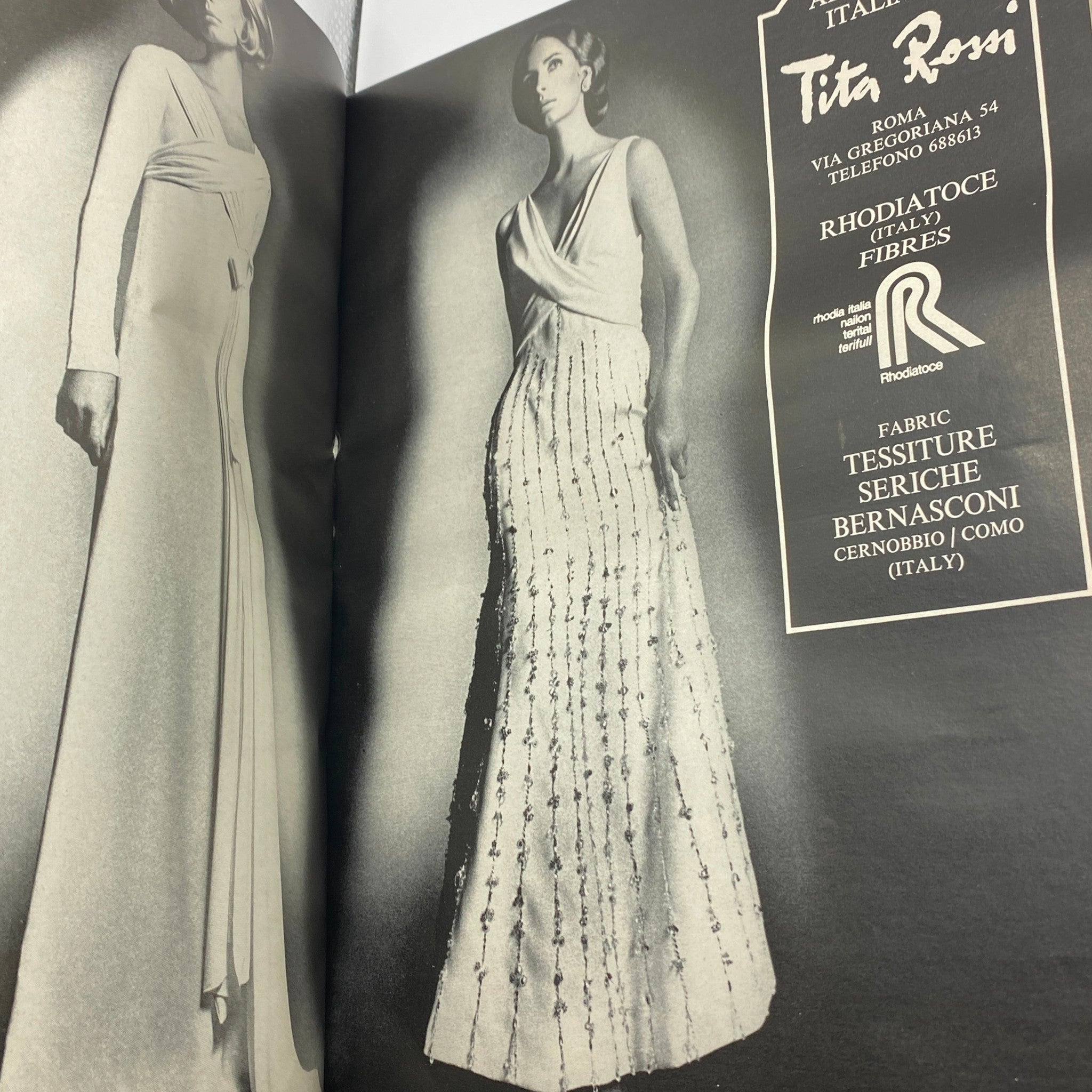 Inside page from VTG Vogue Magazine September 15, 1970 featuring elegant dresses by Tita Rossi, highlighting the sophisticated use of fabrics and the 70s fashion flair.