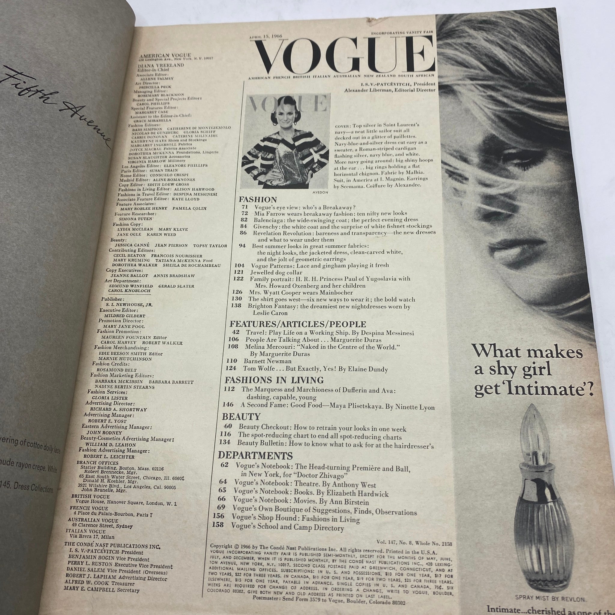 Page from VTG Vogue Magazine April 15 1966 featuring contents list and fashion articles, including an iconic cover photo of Brigitte Bauer by Richard Avedon.