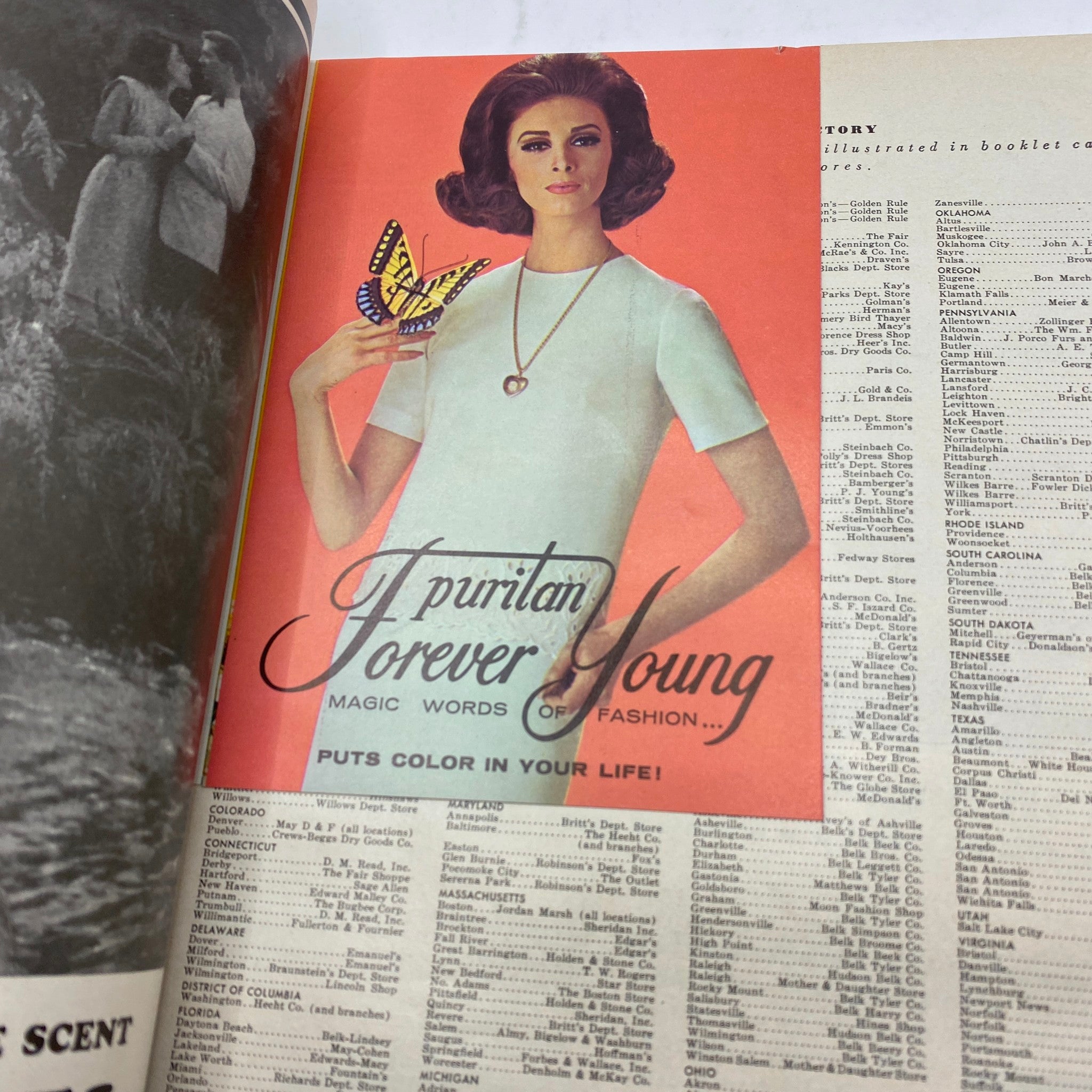 Vintage advertisement from VTG Vogue Magazine April 15 1966 displaying a model showcasing the Puritan Forever Young fashion, highlighting retro beauty and style.
