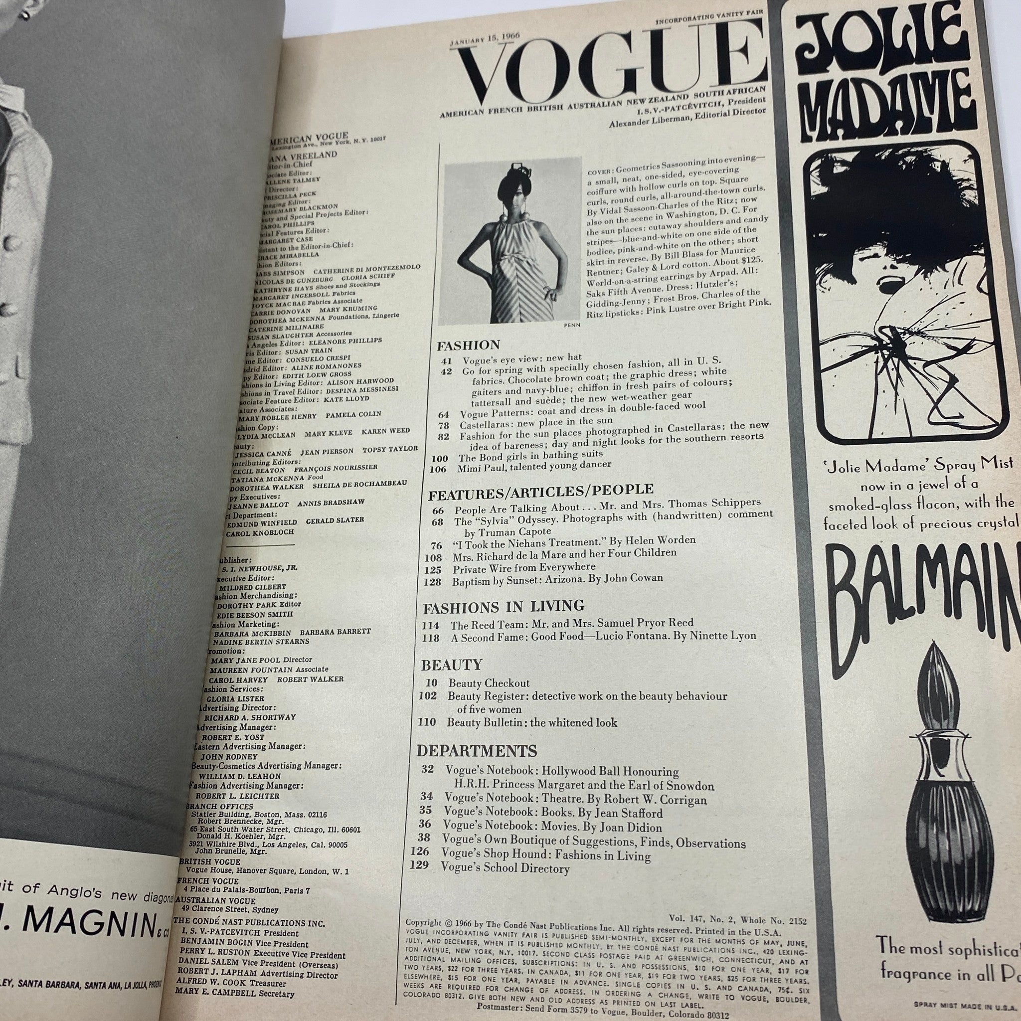 Interior page of VTG Vogue Magazine January 15, 1966 showing the table of contents and features including fashion and beauty articles.