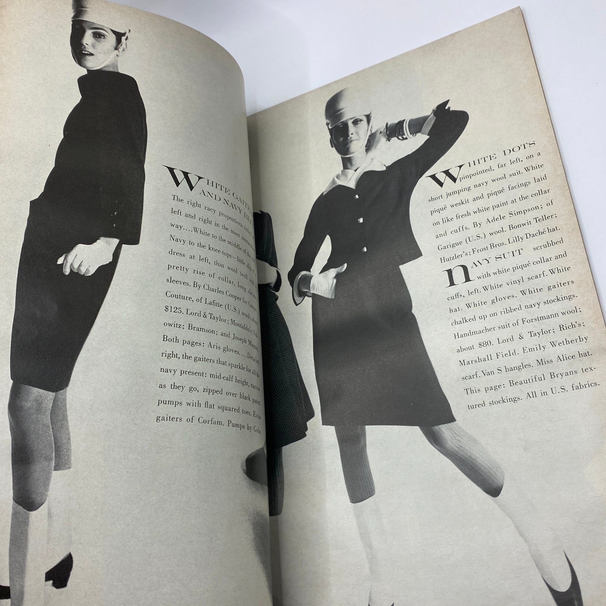 Models highlighted in black and white attire in VTG Vogue Magazine January 15, 1966, illustrating classic 1960s fashion trends.