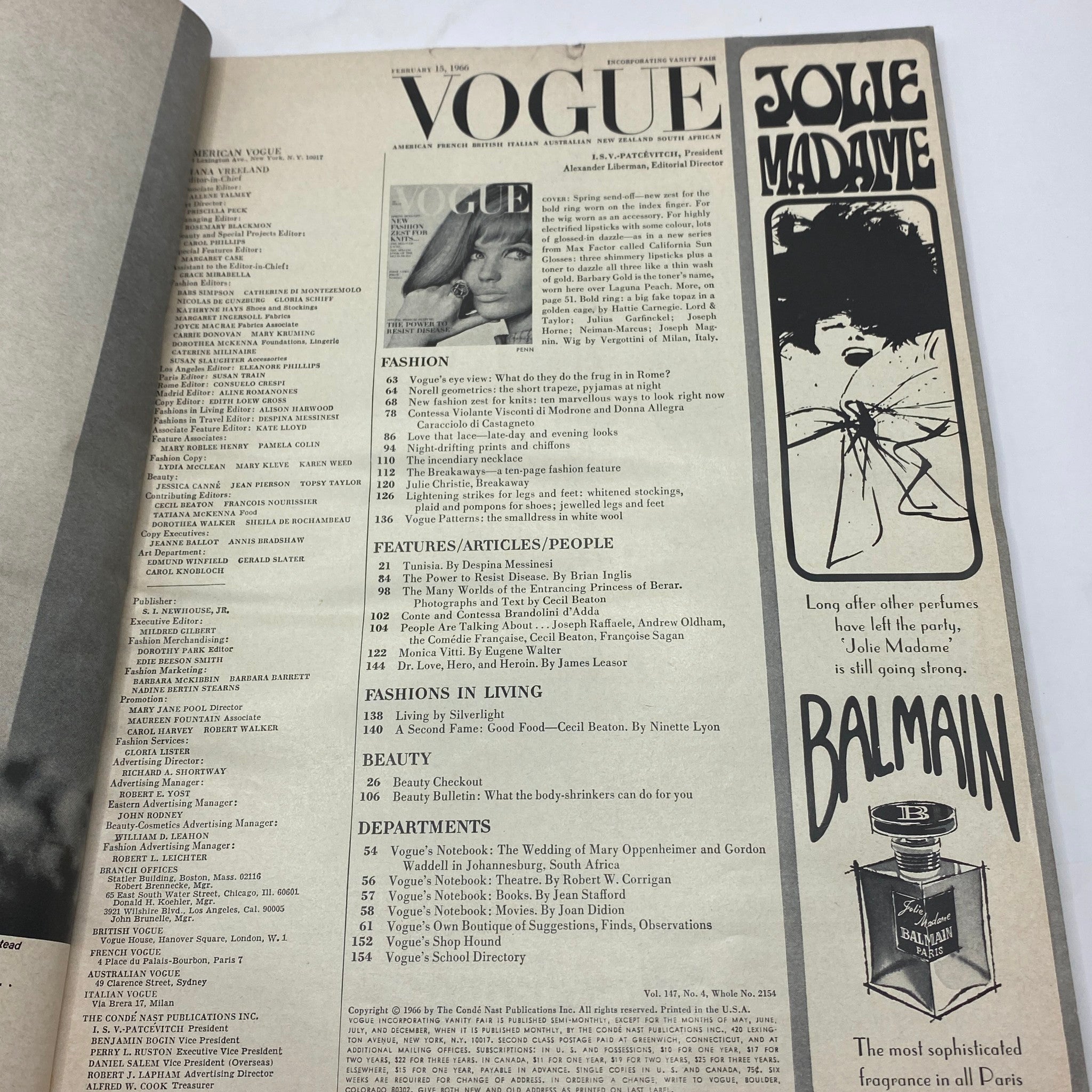Inside page of VTG Vogue Magazine February 15 1966 displaying the table of contents and featured articles.