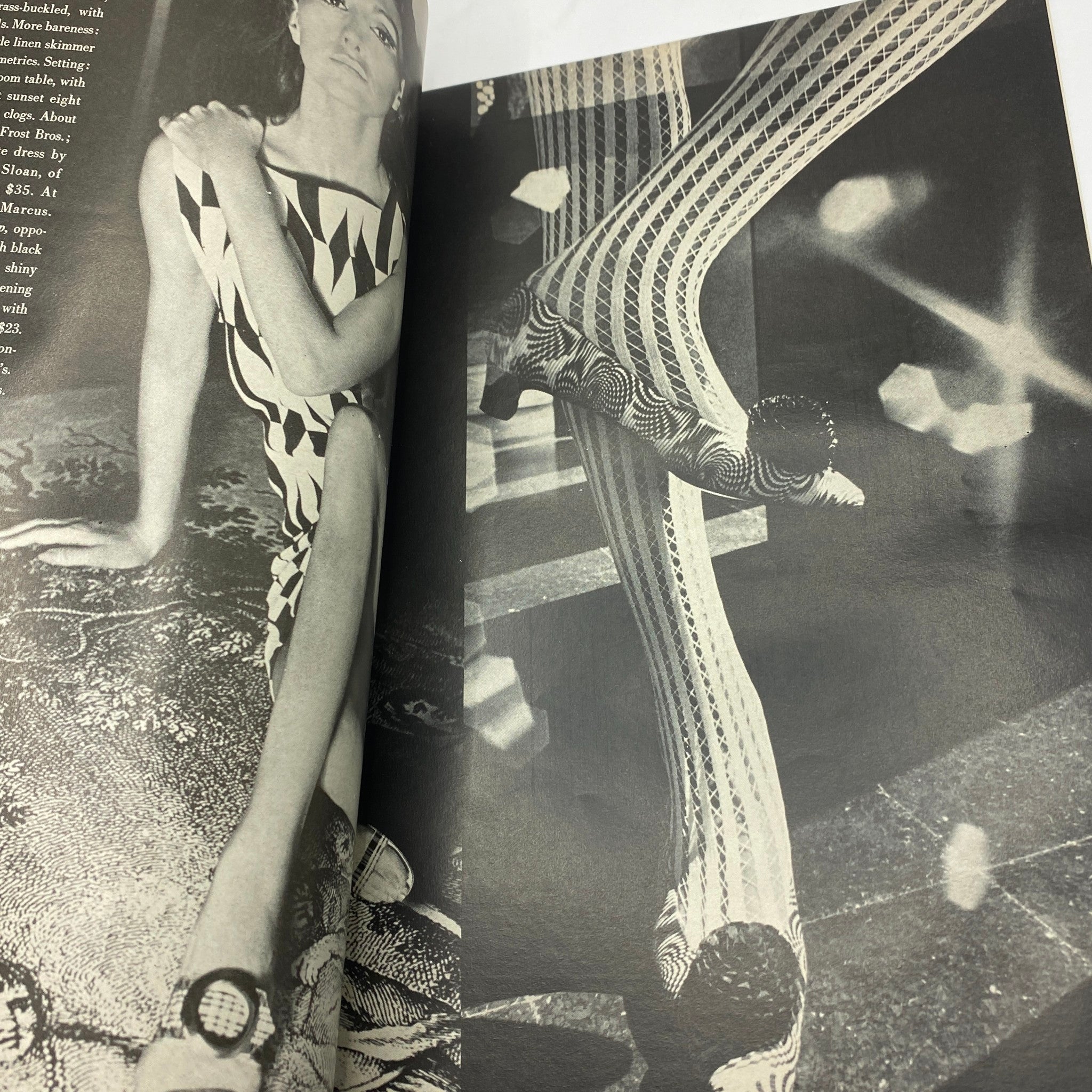 Fashion editorial spread from VTG Vogue Magazine February 15 1966 showcasing graphic black and white patterns and textures in 1960s fashion.