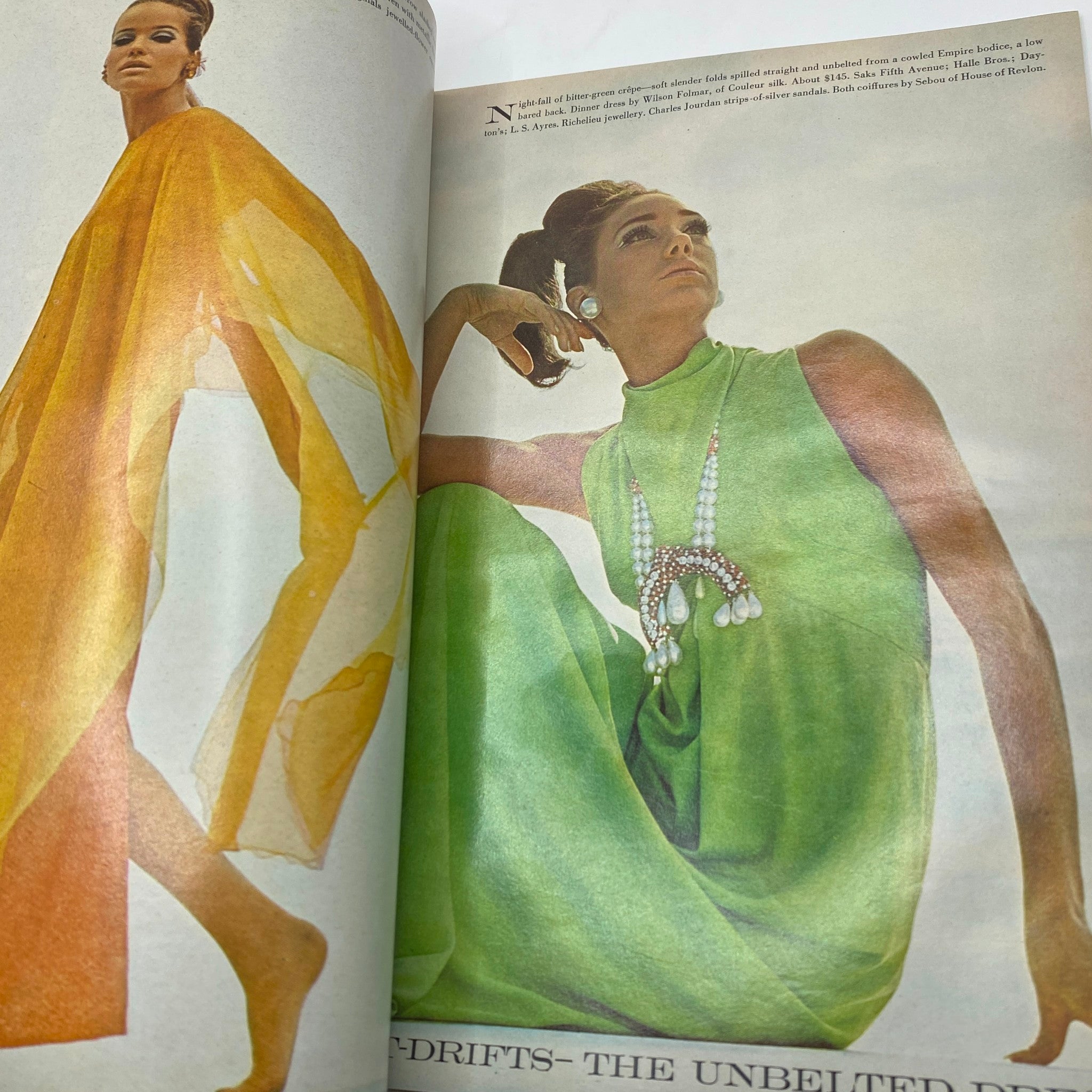 Vibrant fashion editorial in VTG Vogue Magazine February 15 1966 displaying colorful dresses and accessories worn by models.