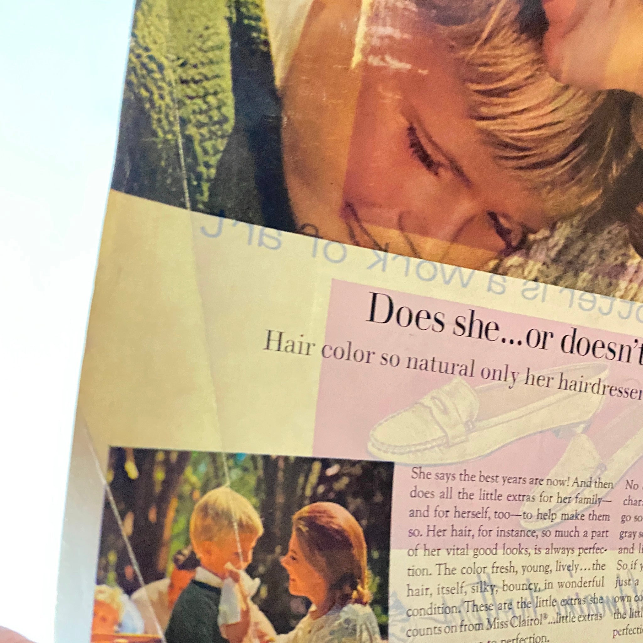Close-up of the Vintage Vogue Magazine February 15 1966 back cover showing an advertisement for hair color with a mother and children.