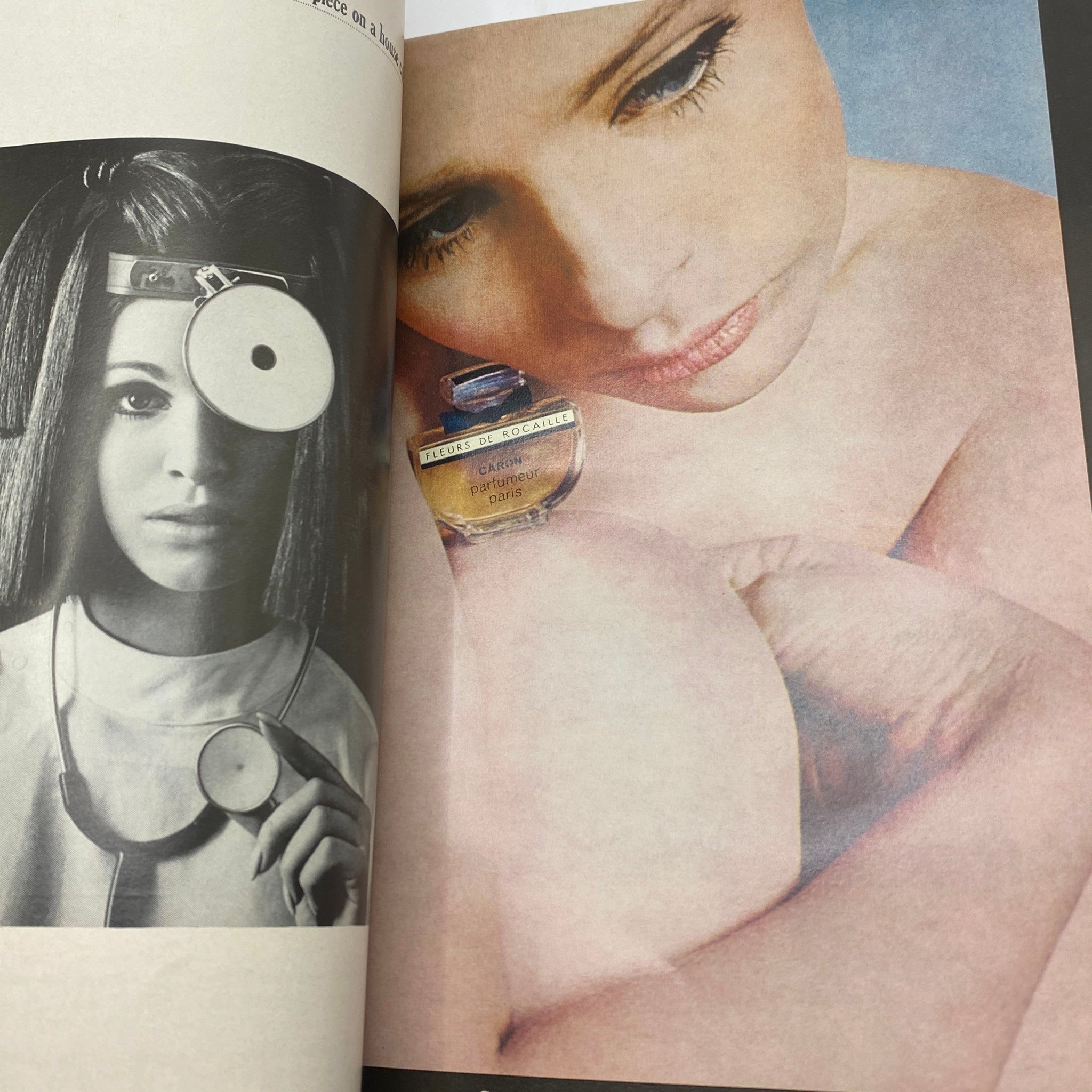 Vogue Magazine December 1967 page showcasing a striking fashion editorial with models featuring accessories and a perfume advertisement.
