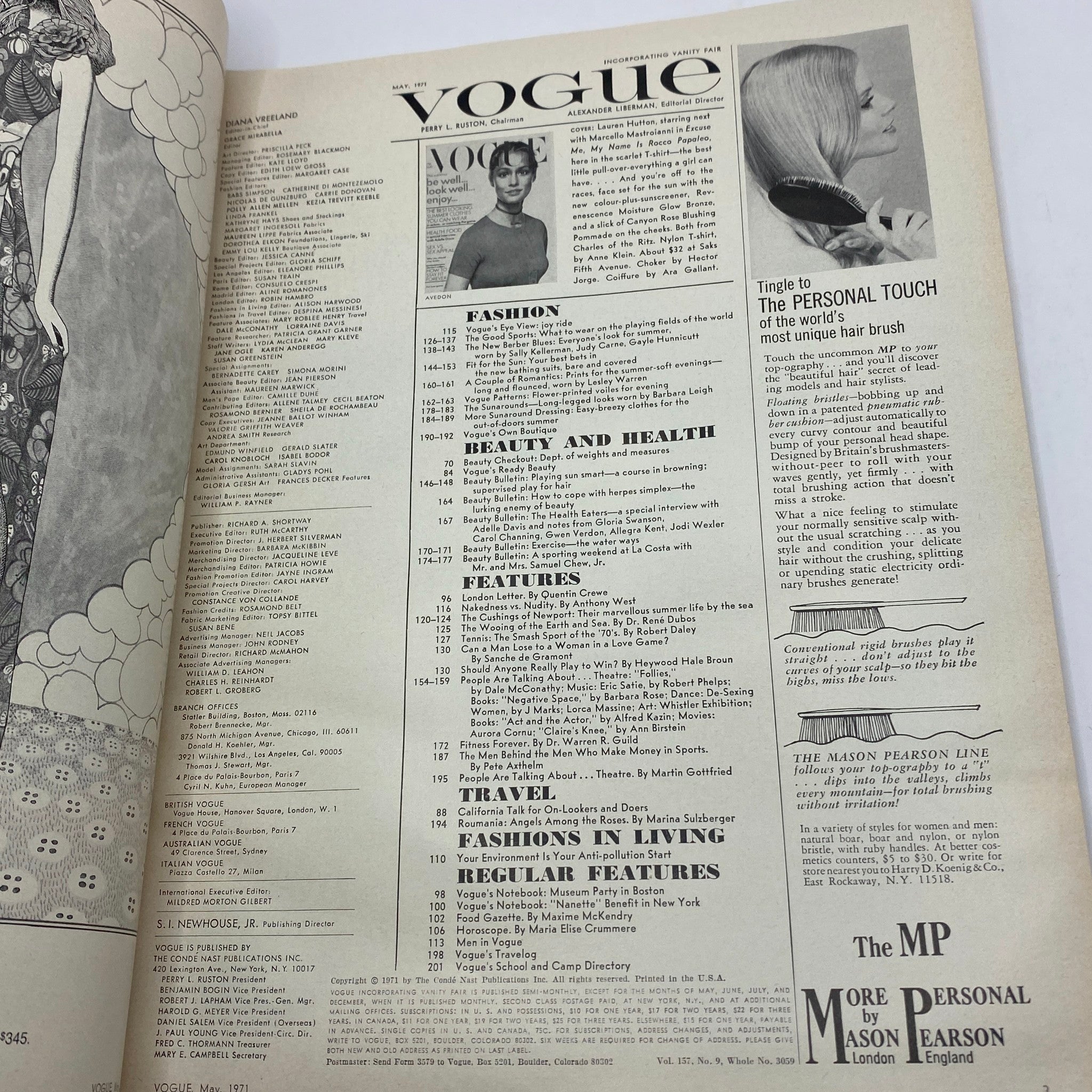 Interior page of VTG Vogue Magazine May 1971, highlighting the contents and articles including fashion trends, health tips, and features from the era.