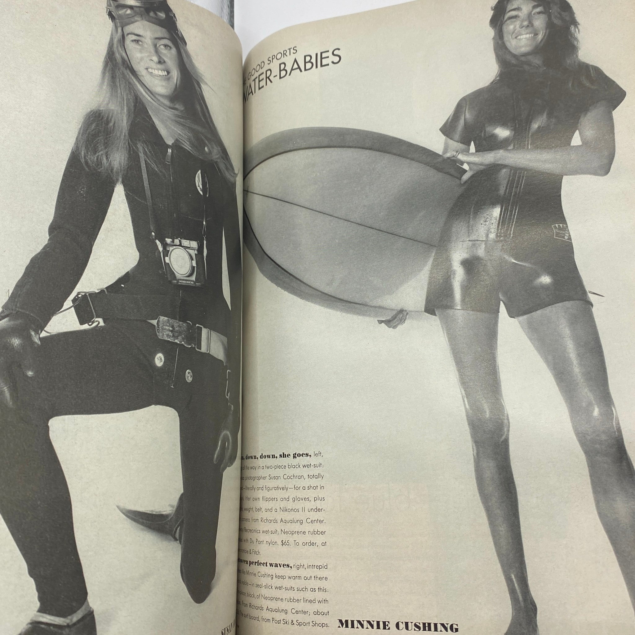 Vintage Vogue Magazine May 1971 featuring Water Babies fashion spread with models in wetsuits and surfboards, showcasing iconic photography by Richard Avedon.