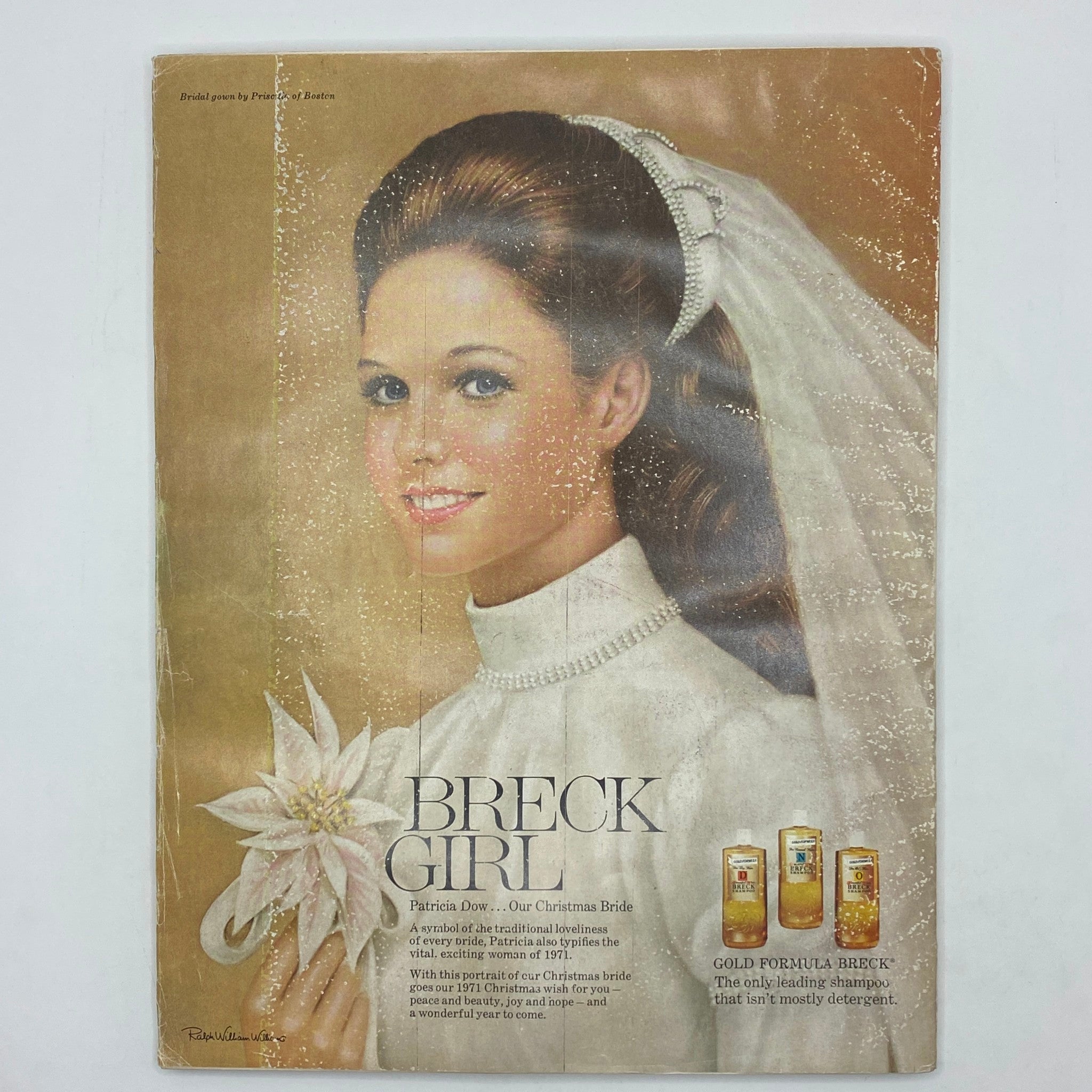 Advertisement from VTG Vogue Magazine December 1971 featuring a beautiful model styled as a bride, promoting Breck hair products with a festive Christmas theme.