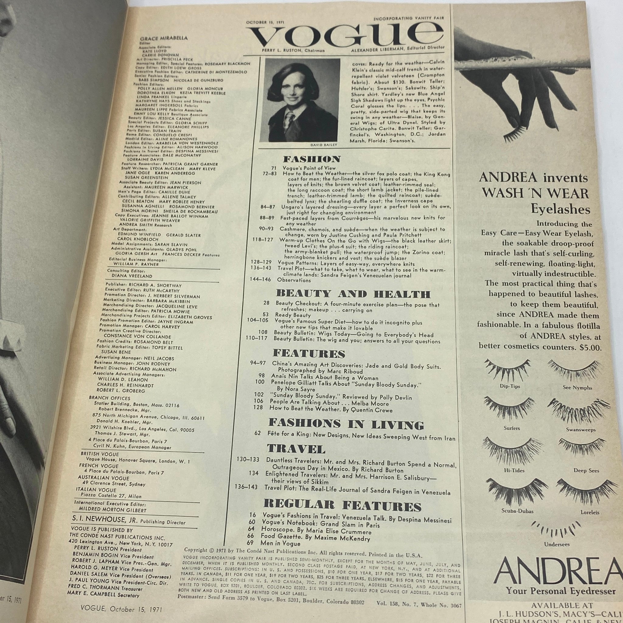 Table of contents page from VTG Vogue Magazine October 15 1971, listing various fashion and health articles along with contributors.