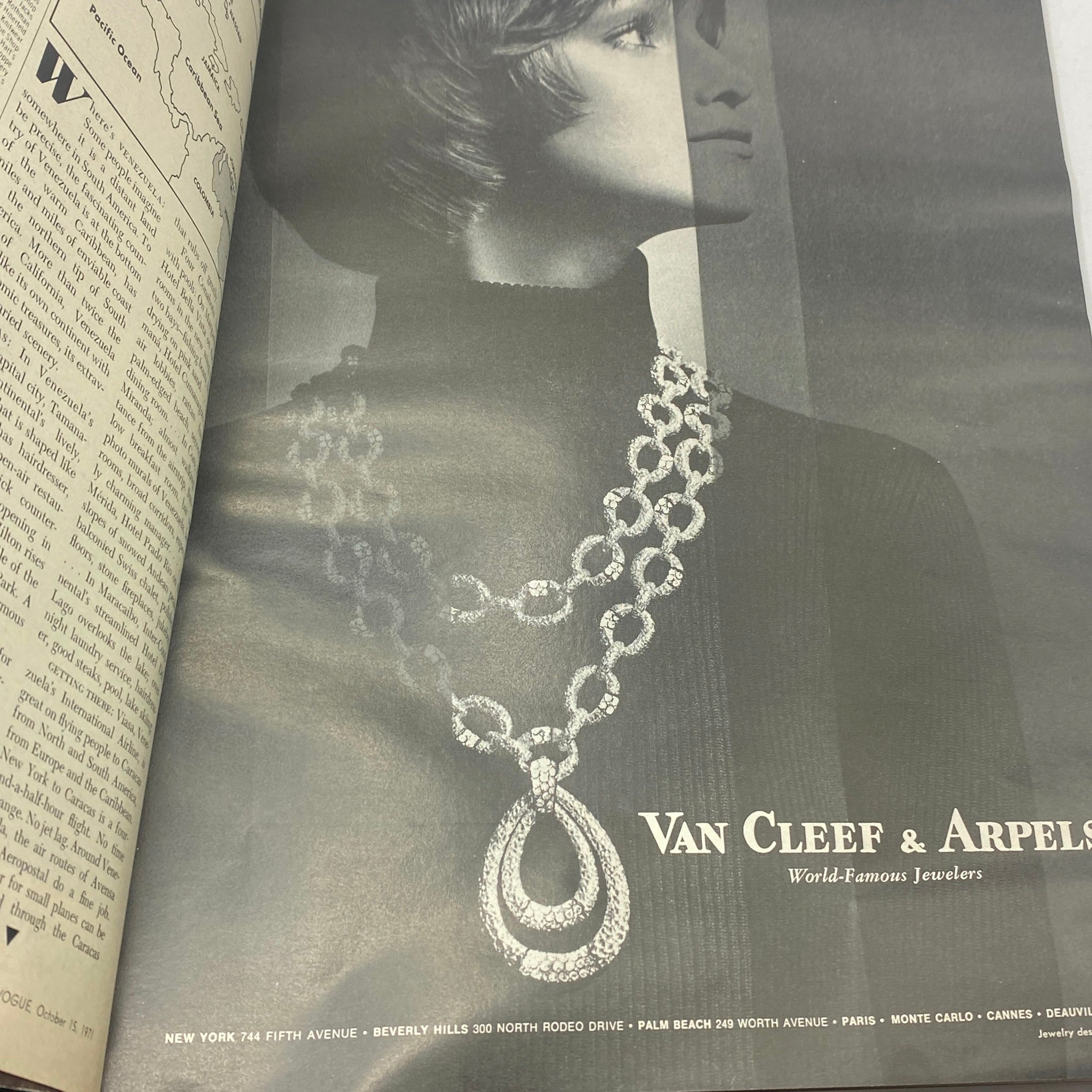 Advertisement page in VTG Vogue Magazine October 15 1971 featuring Van Cleef & Arpels jewelry, highlighting luxury fashion of the era.