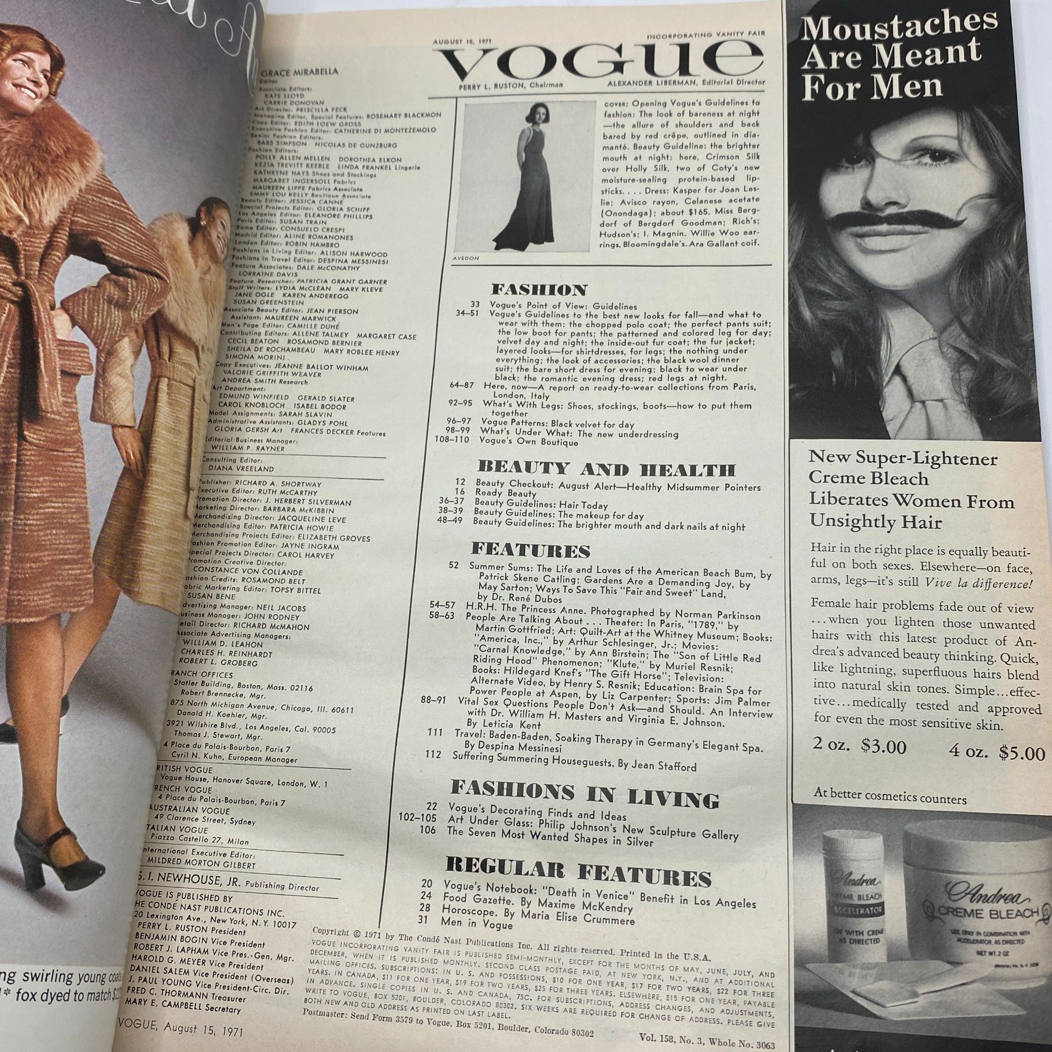 Inside page of VTG Vogue Magazine August 15 1971 displaying the table of contents and articles related to fashion and beauty guidelines.