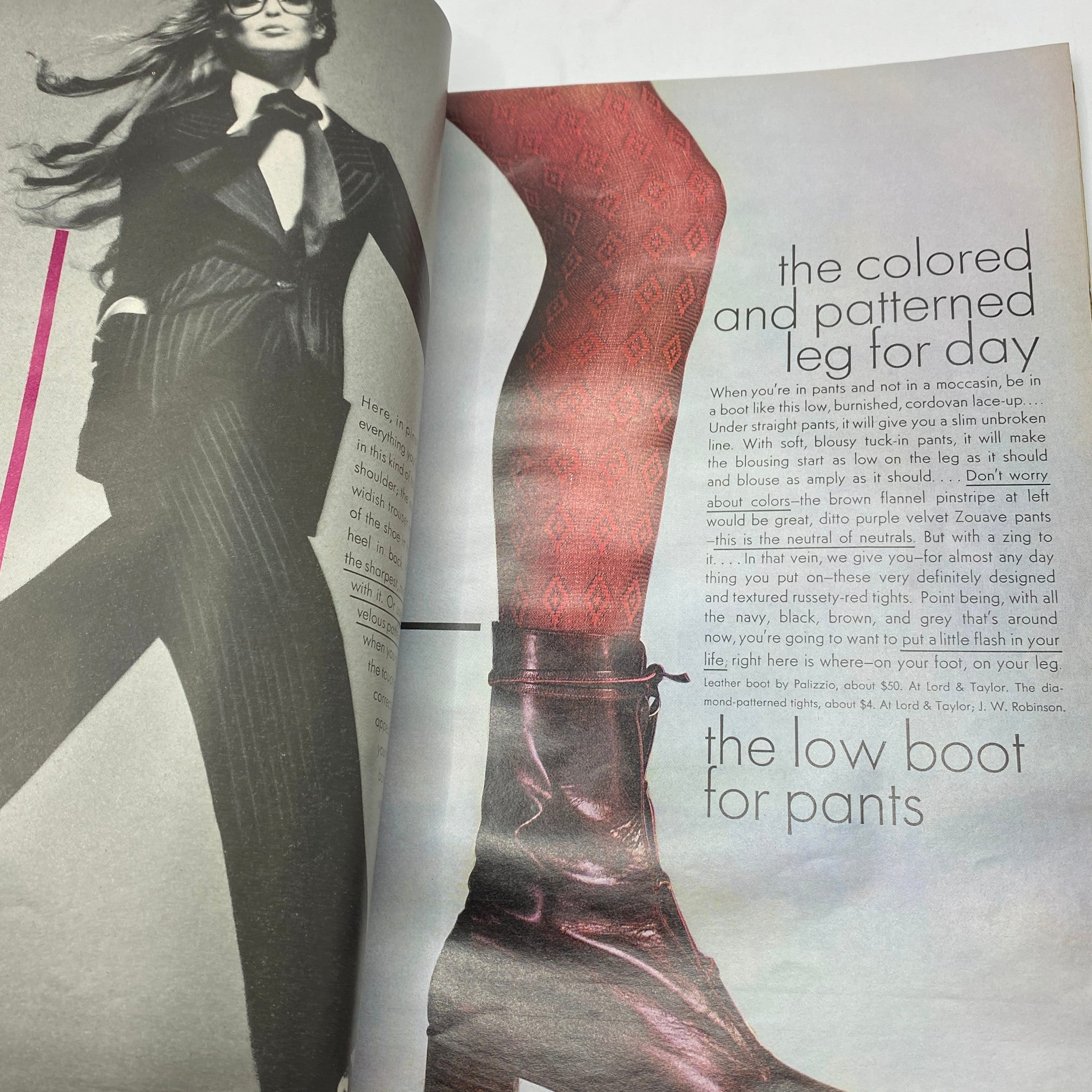 Fashion advertisement page from VTG Vogue Magazine August 15 1971 illustrating patterned legwear options and styling tips.