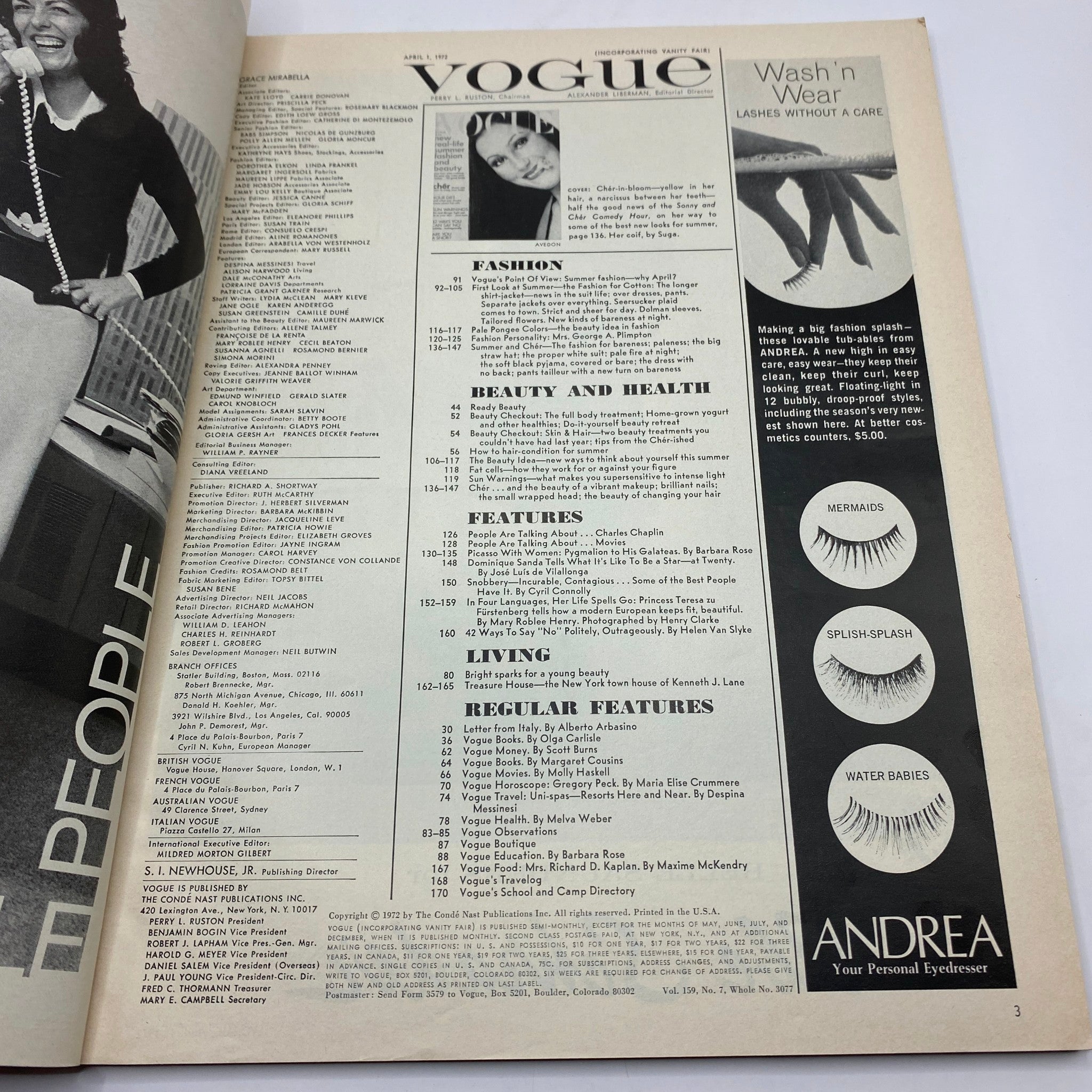 Inside page of VTG Vogue Magazine April 1 1972, featuring fashion and health articles.